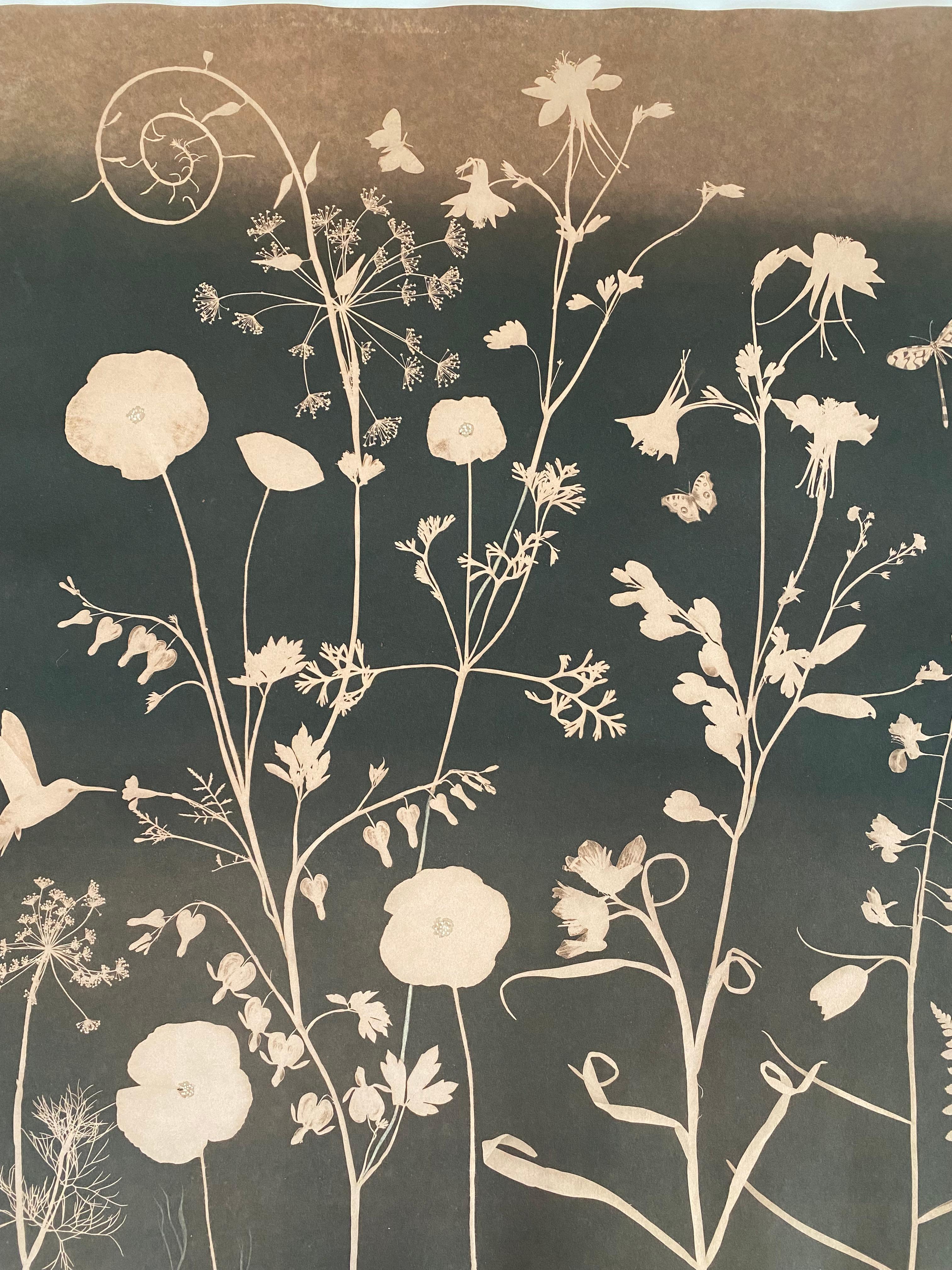 Cyanotype Painting, Tea Toned Poppies, Bleeding Hearts, Hummingbird, Botanical - Contemporary Art by Julia Whitney Barnes