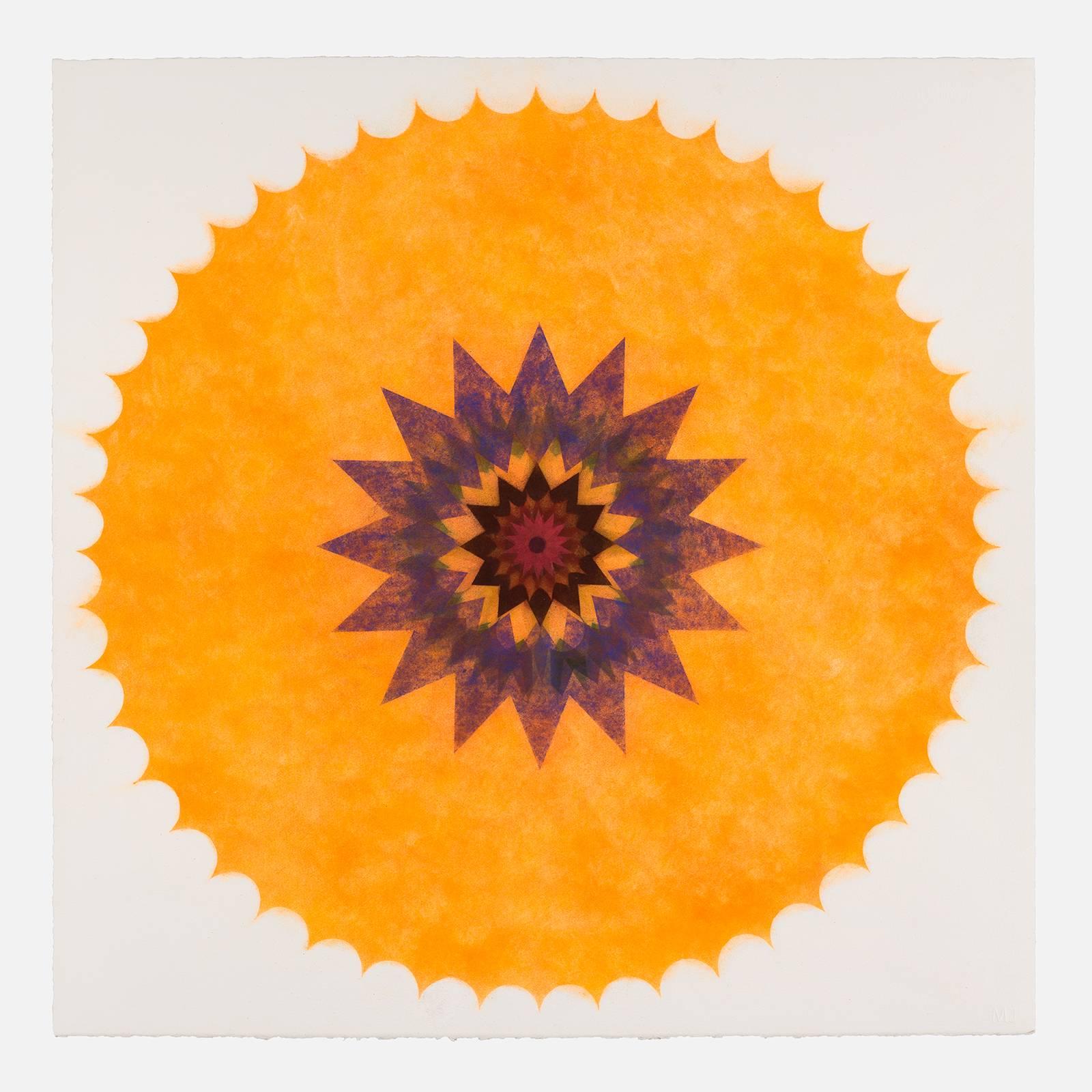Mary Judge Abstract Drawing - Pop Flower 46, Bright Orange Mandala, Green, Maroon, Dark Burgundy, Blue Center