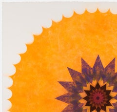 Pop Flower 46, Mandala orange vif, marron, bordeaux fonc, centre bleu