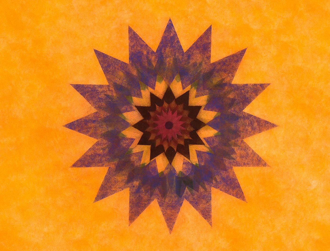 Pop Flower 46, Bright Orange Mandala, Green, Maroon, Dark Burgundy, Blue Center - Contemporary Art by Mary Judge