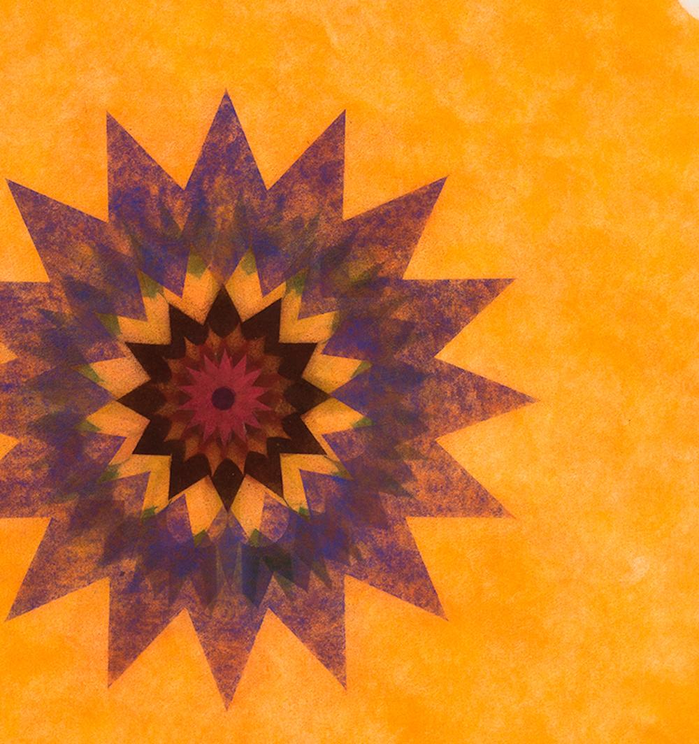 This multicolored drawing has a beautiful, soft mottled texture created with Judge's unique powered pigment technique. Pop Flower 46 is a predominately orange mandala shape with a green, maroon and blue center creating an intricately layered design.
