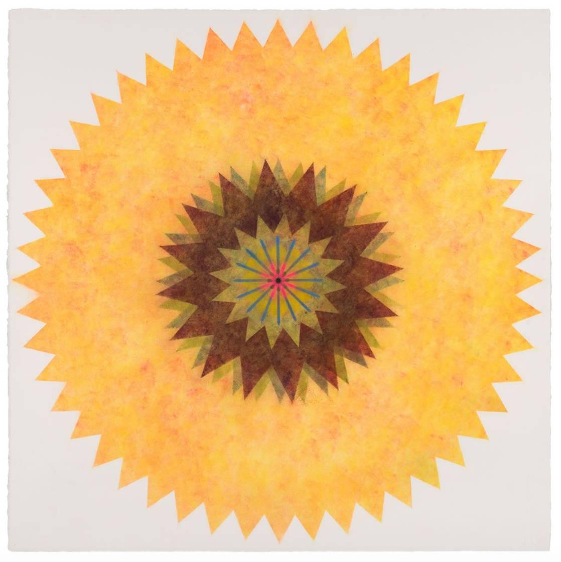 Mary Judge Abstract Drawing - Pop Flower 48, Light Yellow Orange Mandala, Brown, Green, Bright Blue, Pink