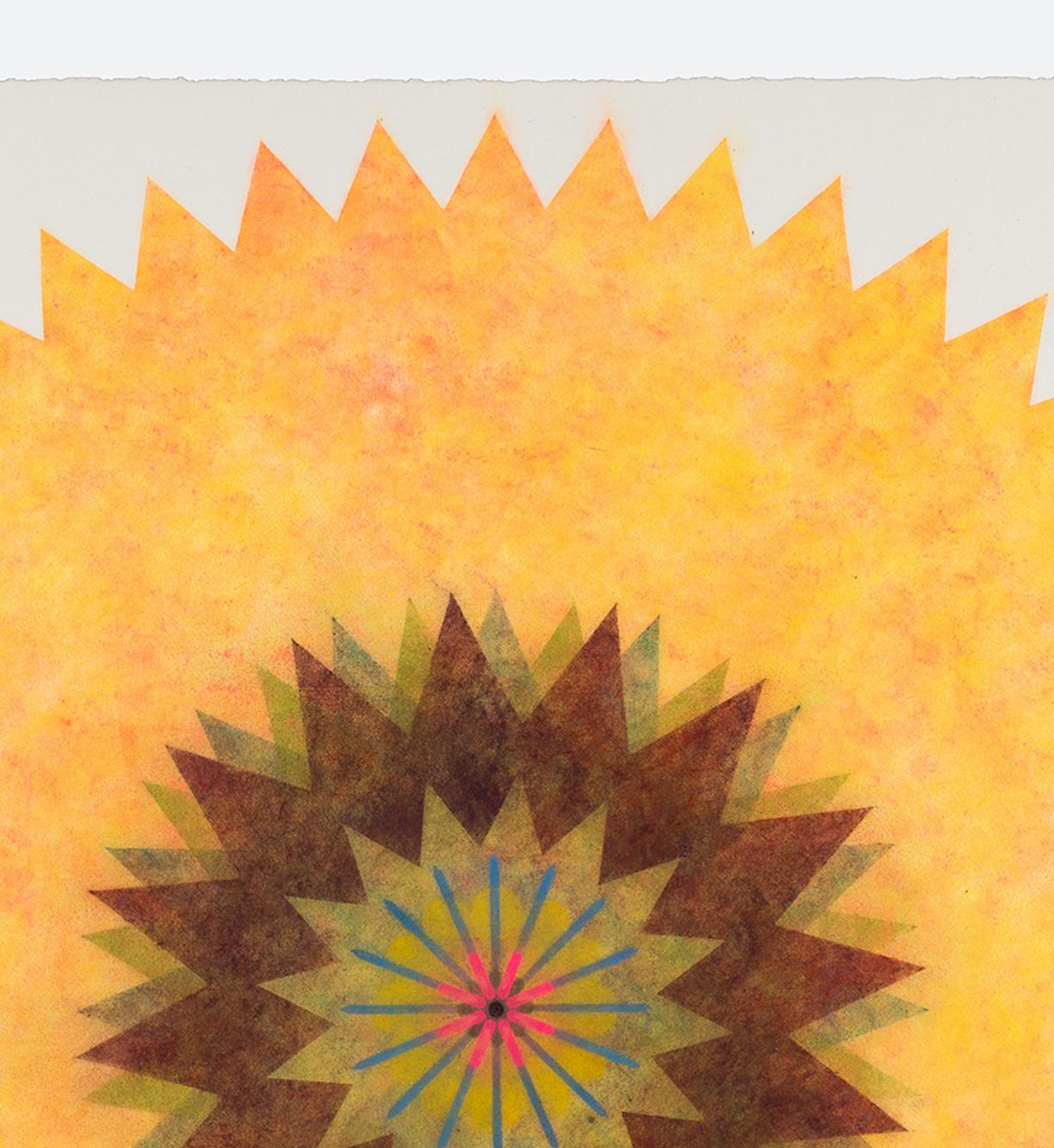 Pop Flower 48, Light Yellow Orange Mandala, Brown, Green, Bright Blue, Pink - Contemporary Art by Mary Judge