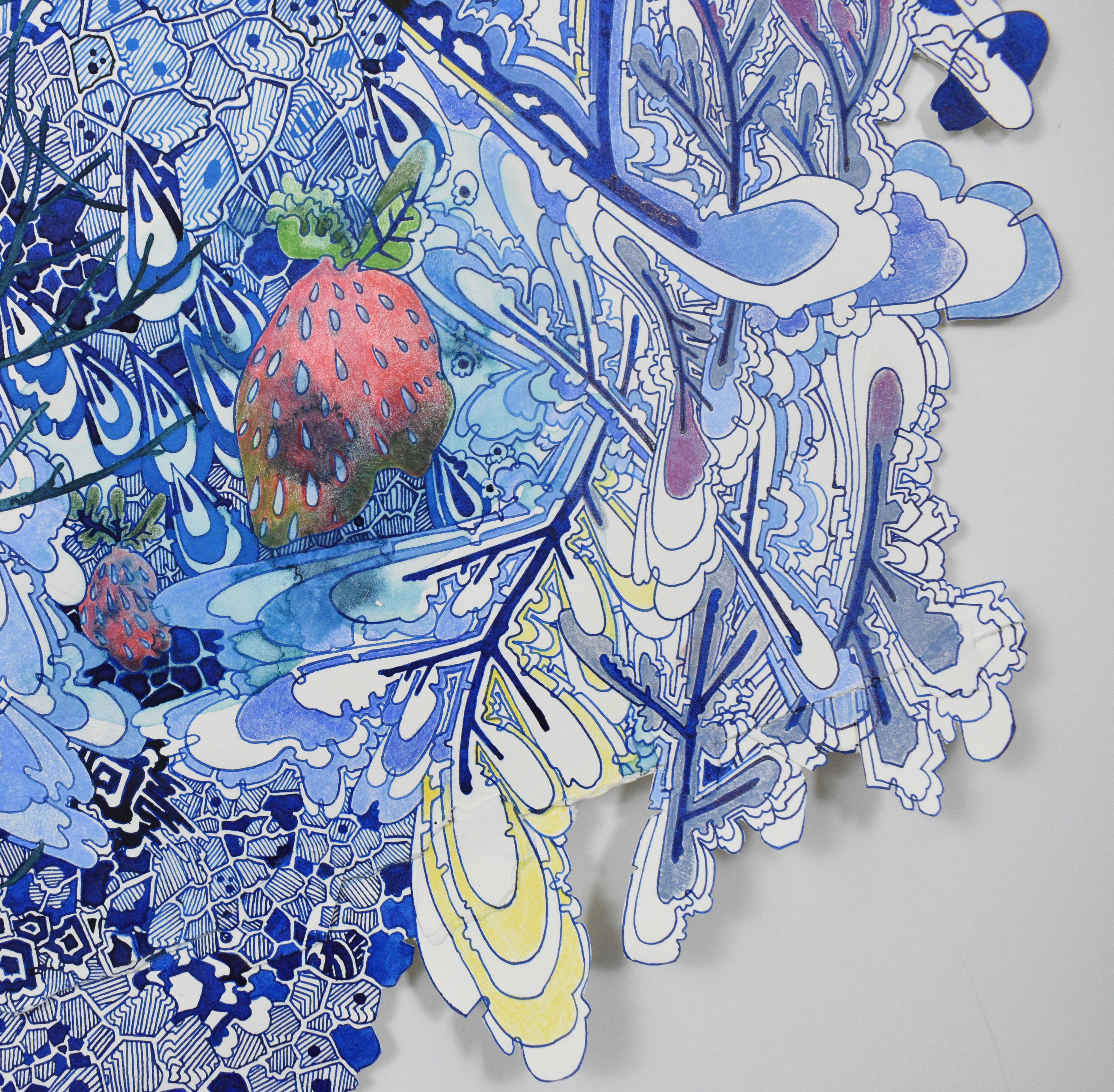 Flower Okay Strawberry, Detailed Drawing, Cobalt Blue, Yellow, Pink Red Fruit - Contemporary Art by Sarah Morejohn