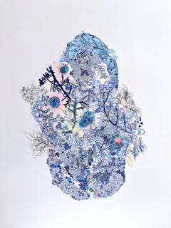 Flower Okay Strawberry, Detailed Drawing, Cobalt Blue, Yellow, Pink Red Fruit