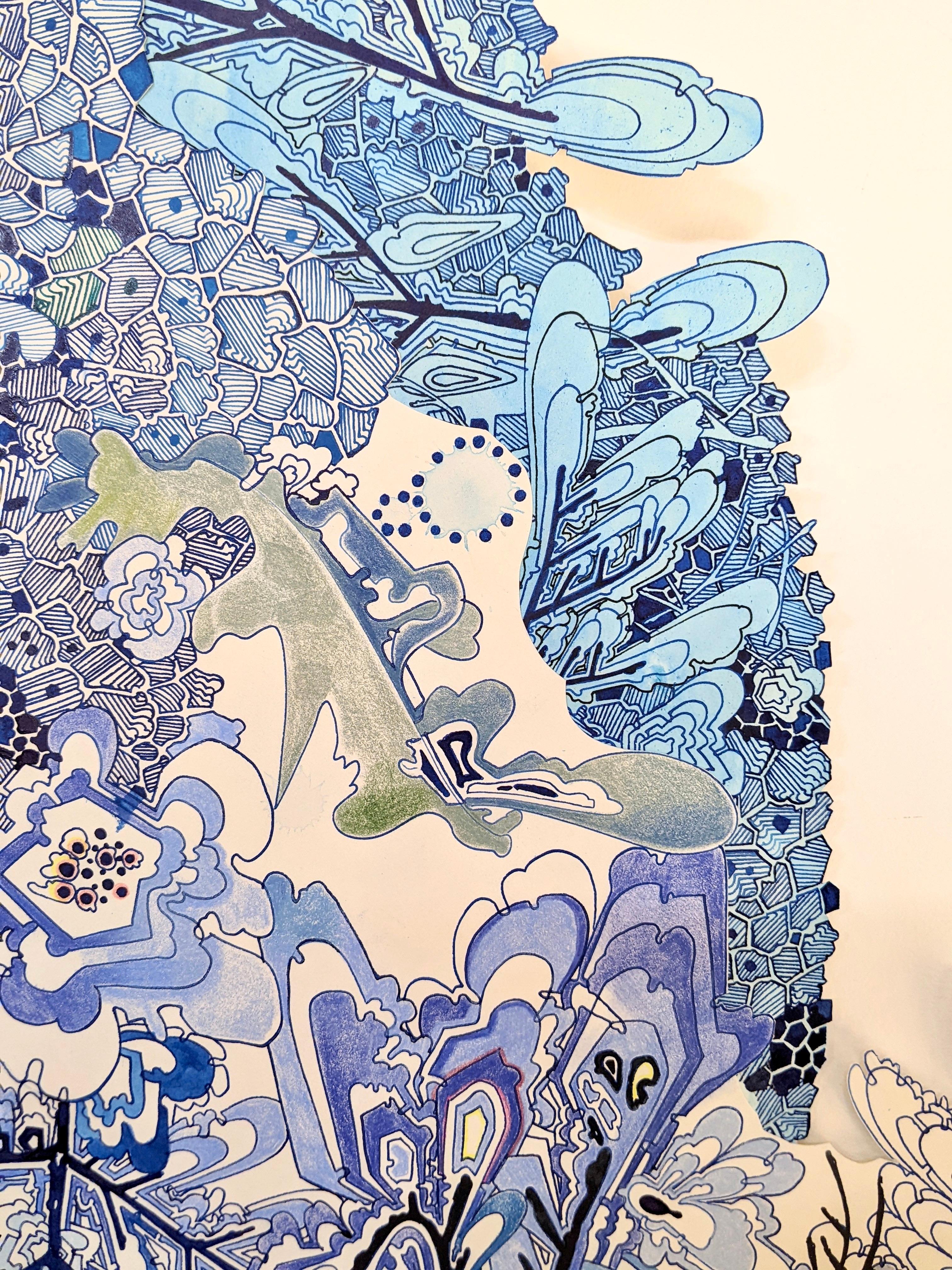 In carefully drawn dots and lines in shades of indigo blue with yellow, red and pink details, botanical forms, snowflakes and strawberries, this intricate composition is inspired by patterns in nature. This cutout drawing, ink, colored pencil and