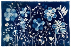 Peinture cyanotype iris, cœurs bleutés, fougères, peinture botanique bleue