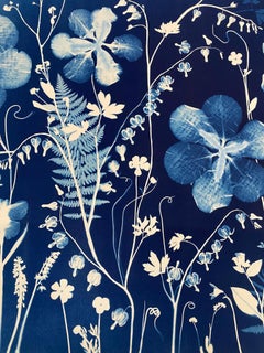 Cyanotype Painting Irises, Bleeding Hearts, Ferns, Blue Botanical Painting