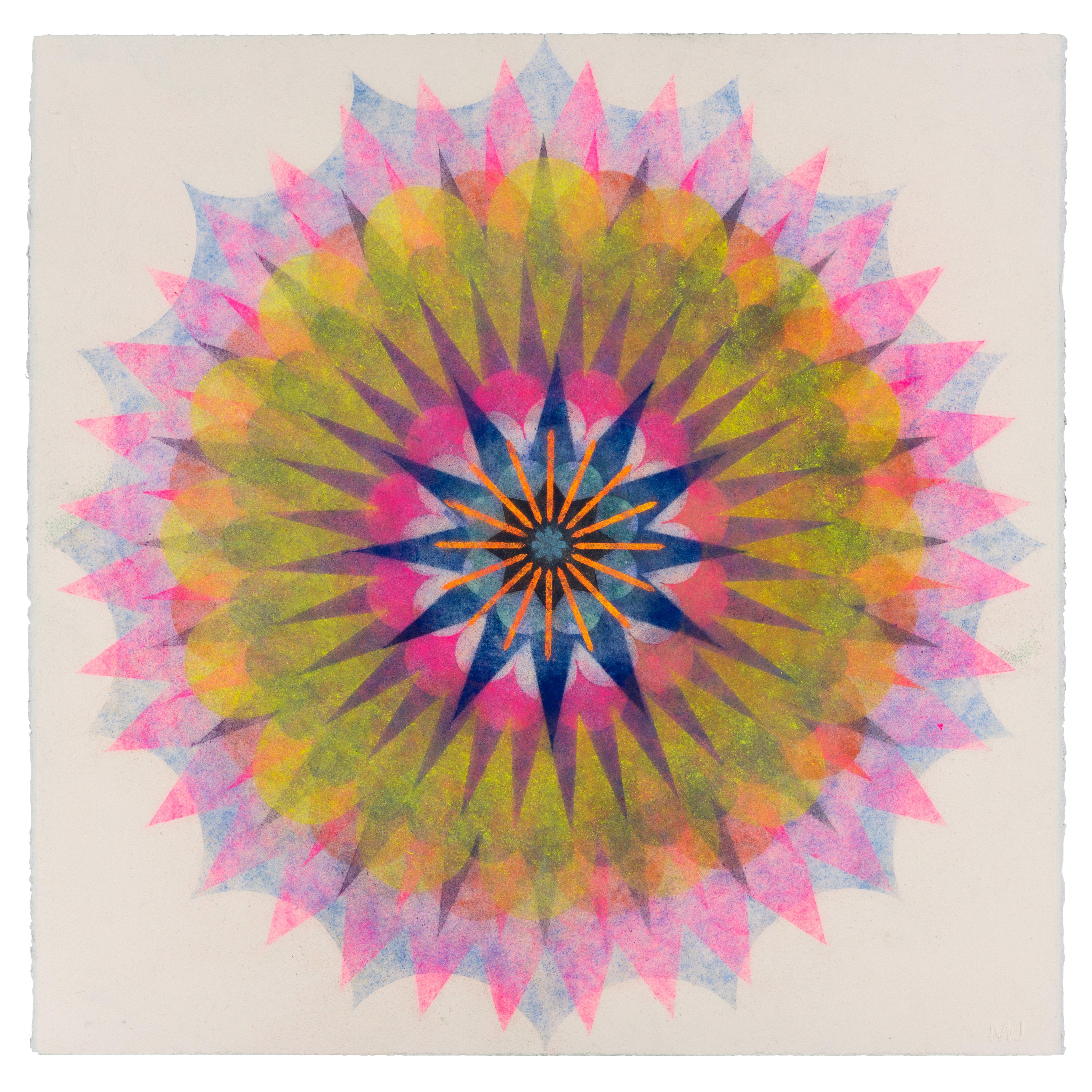 Mary Judge Abstract Drawing - Poptic 22.03, Flower Mandala, Fuchsia Pink, Yellow, Lavender Purple, Navy