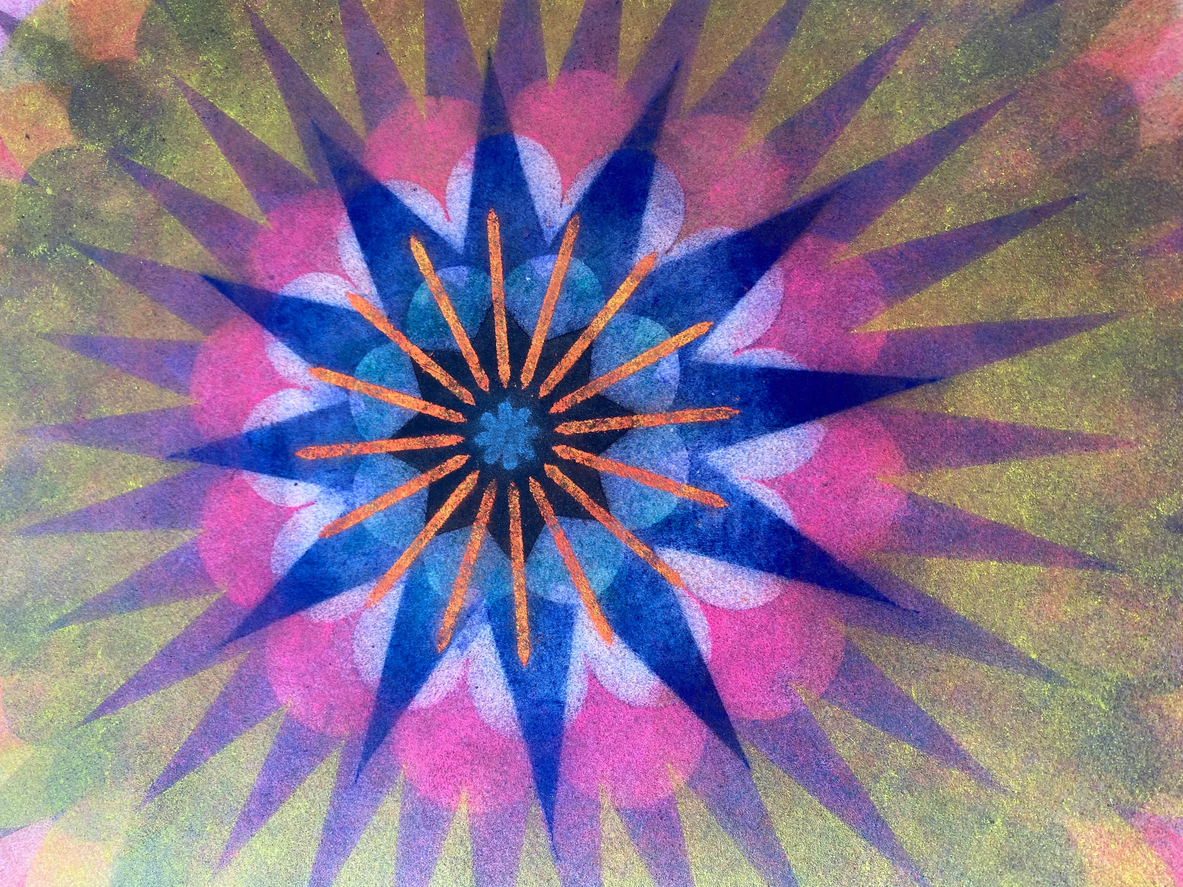 Poptic 22.03, Flower Mandala, Fuchsia Pink, Yellow, Lavender Purple, Navy - Art by Mary Judge