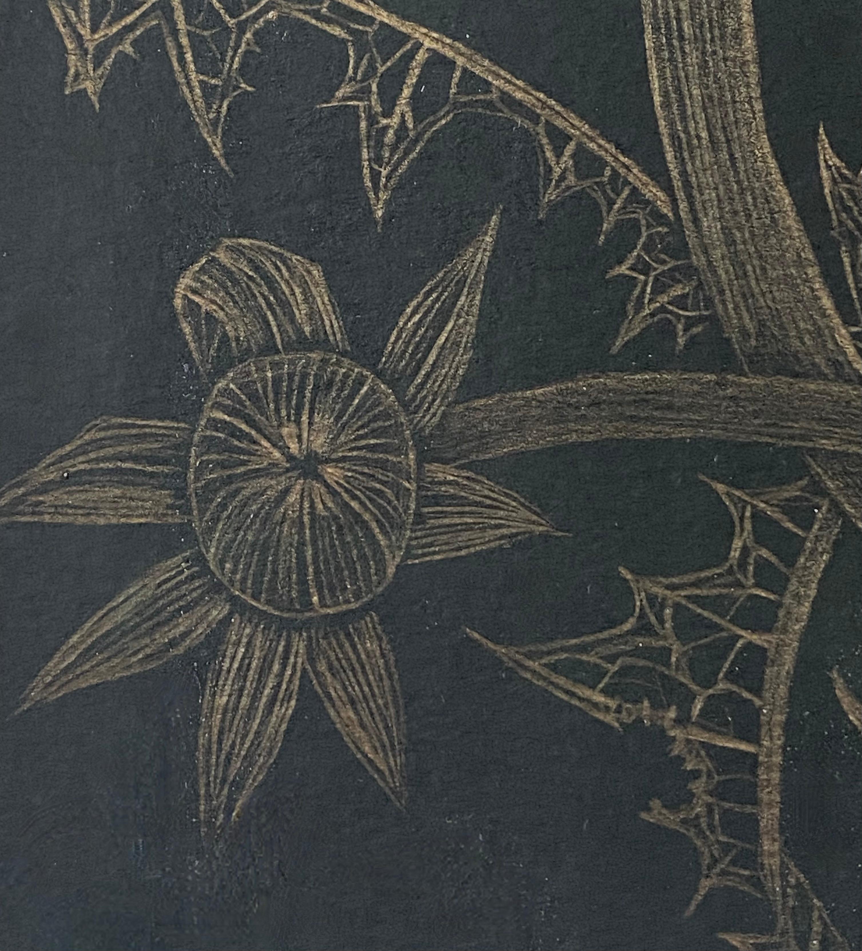 Dandelion with Two Buds, Botanical Drawing on Black Paper Made With 14K Gold 1