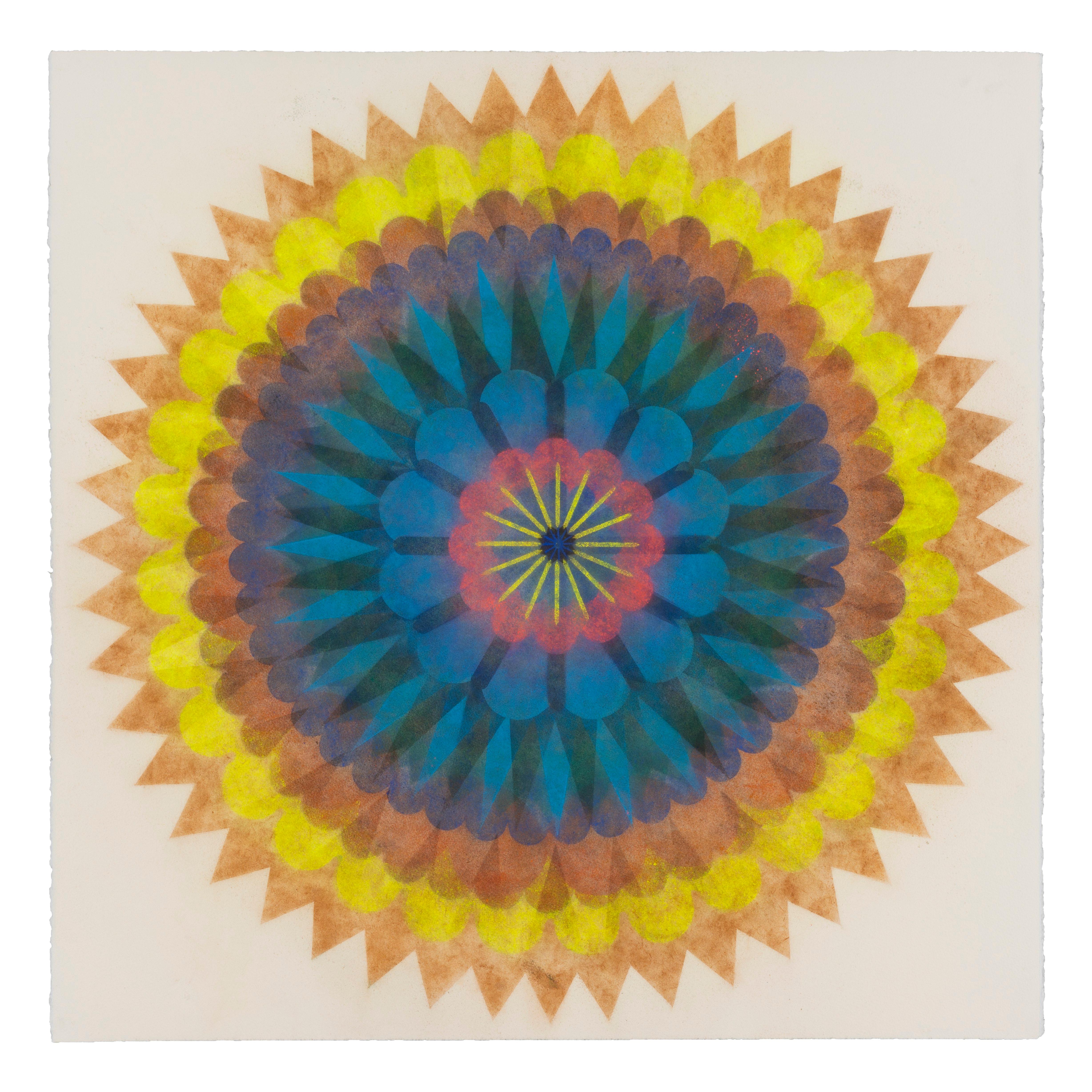 Mary Judge Abstract Drawing - Poptic Nine, Flower Mandala, Yellow, Orange, Bright Blue, Pink, Peach