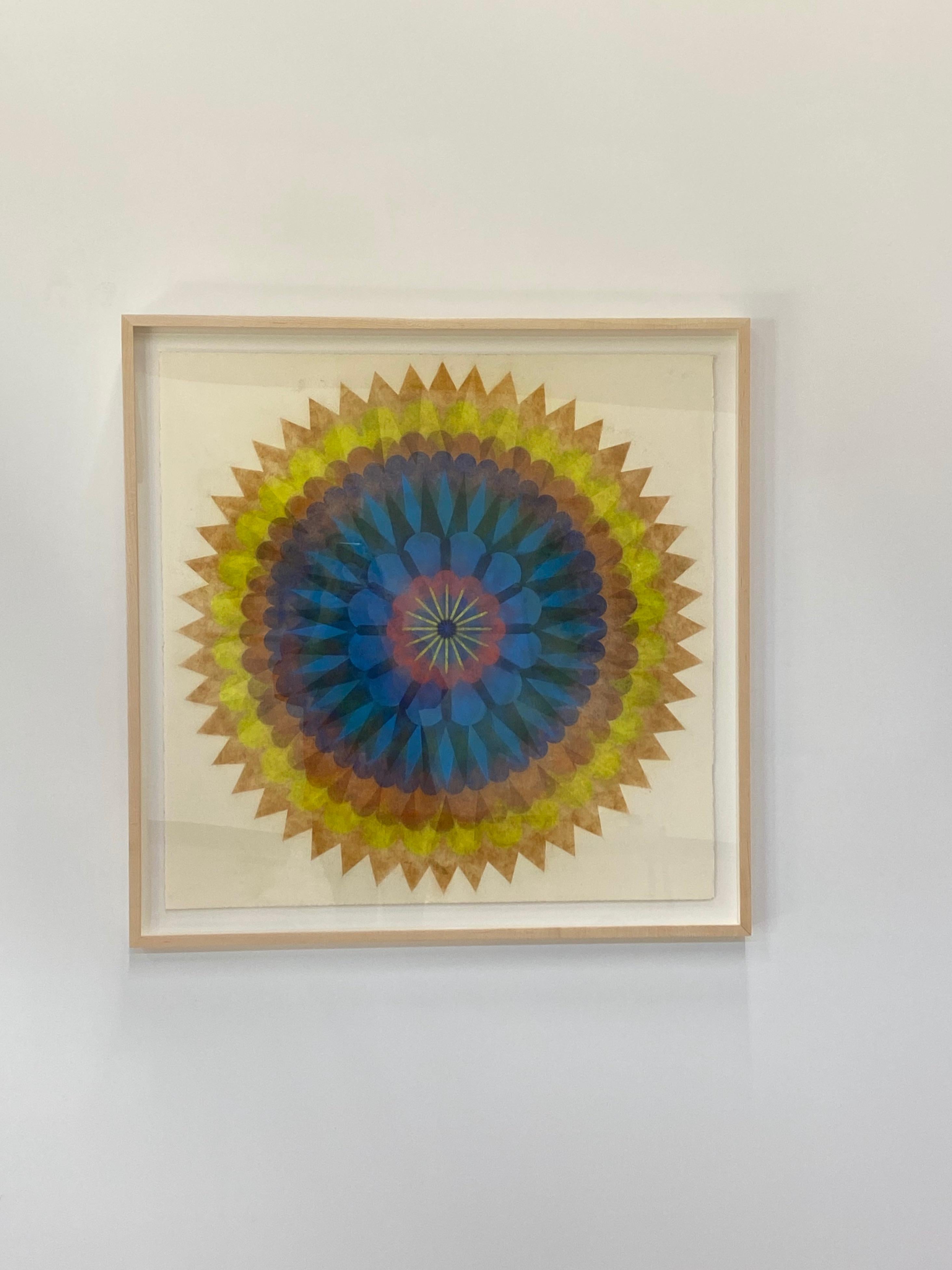 Poptic Nine, Flower Mandala, Yellow, Orange, Bright Blue, Pink, Peach - Art by Mary Judge