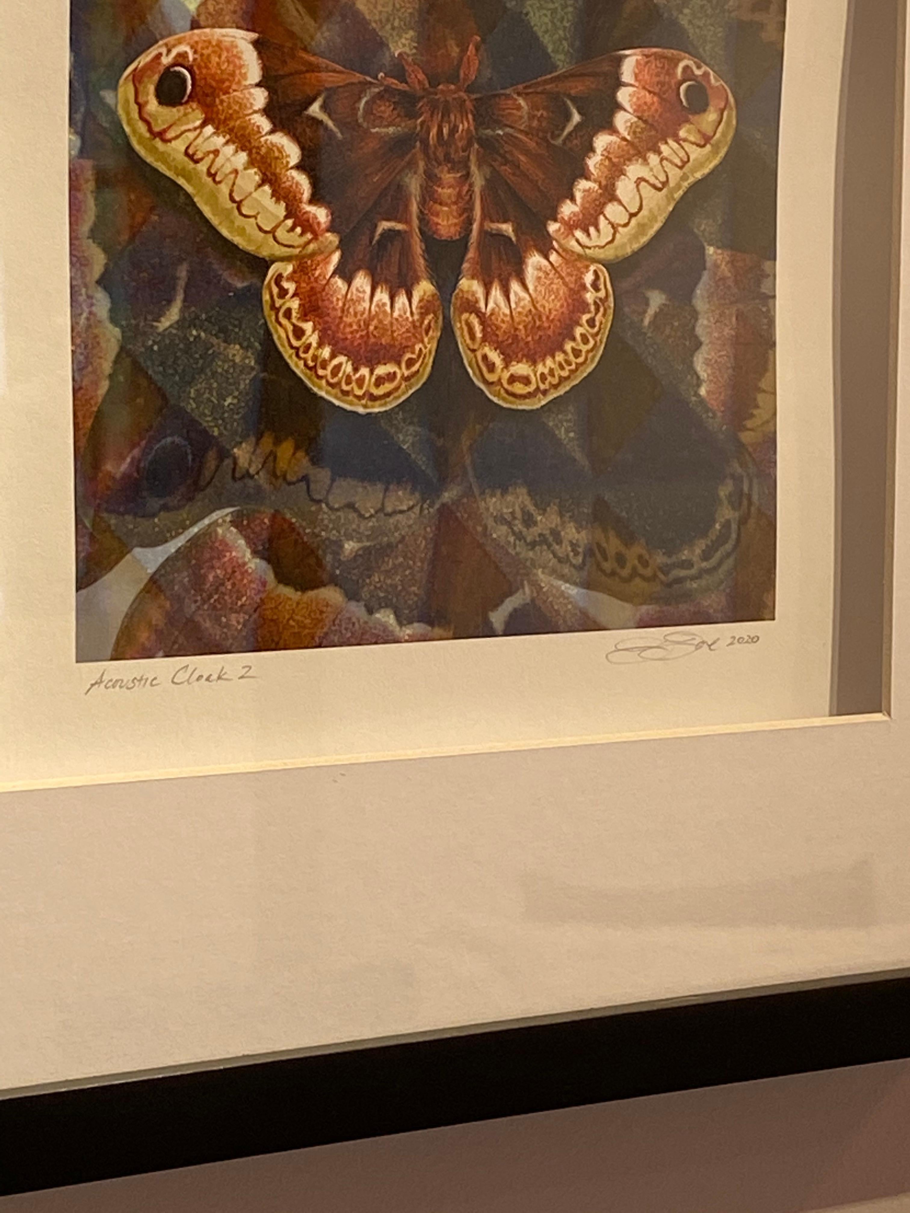 This watercolor and gouache painting over archival giclee print of digital painting on entrada natural paper depicts two brown butterfies over a geometric patterned background. Fox's excellent use of material allow her to blend multiple images