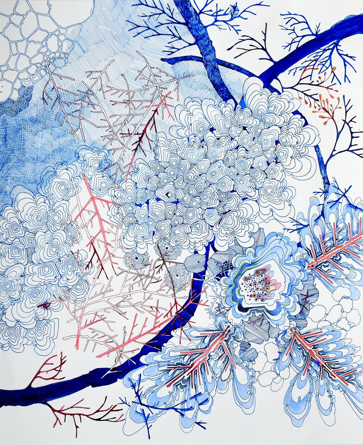 Pink Twigs Side Escape, Detailed Pattern Drawing, Cobalt Blue, Pink, Dark Red
