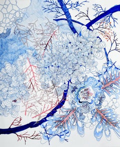 Pink Twigs Side Escape, Detailed Pattern Drawing, Cobalt Blue, Pink, Dark Red