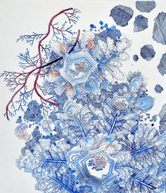 Snow Flora, Falling, Detailed Drawing in Cobalt Blue, Dark Burgundy, Light Peach
