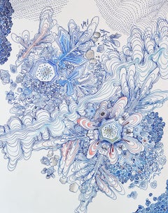 River, Detailed Pattern Drawing, Indigo Blue, Cobalt, Salmon Pink, Dark Red