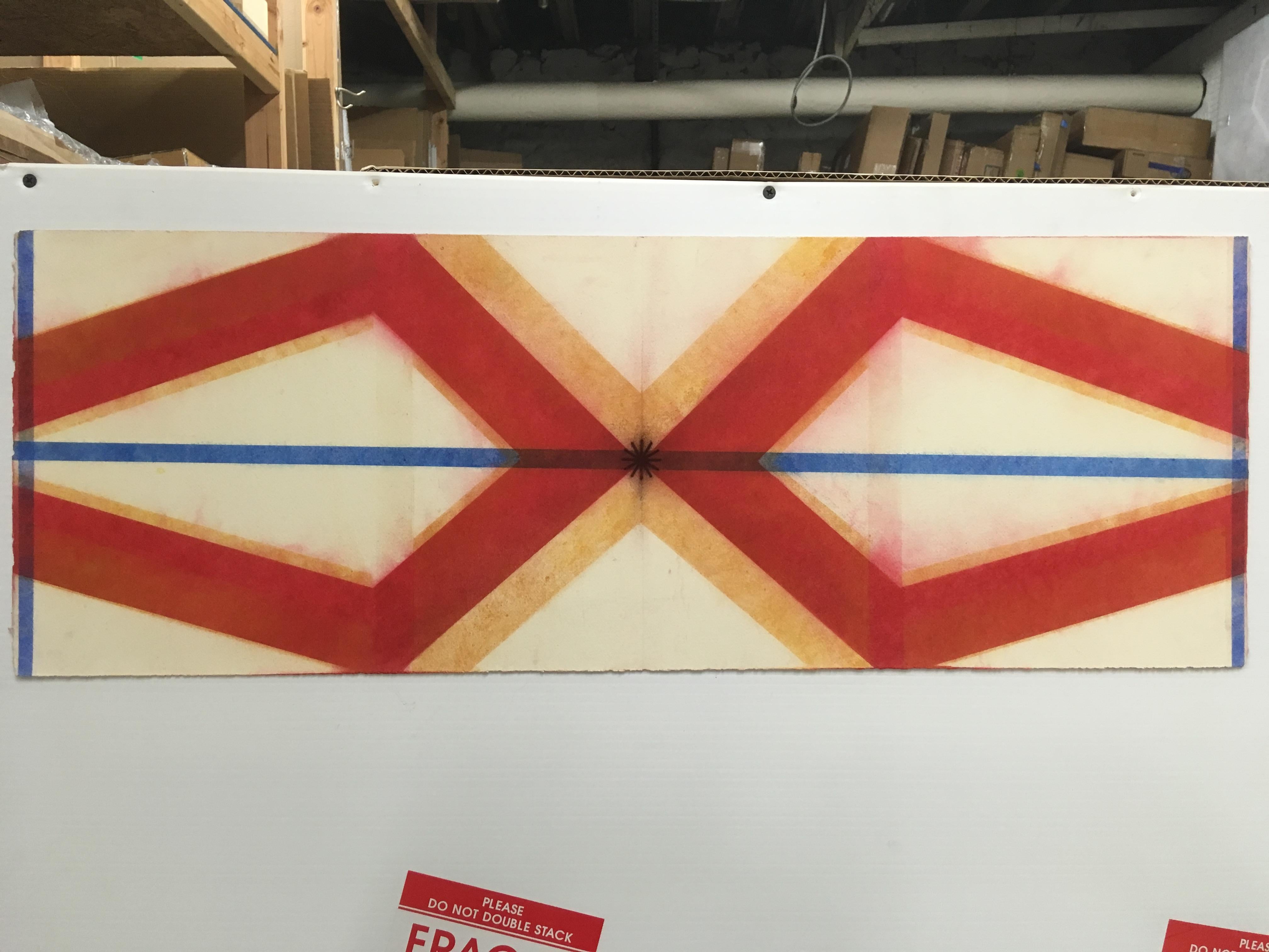 The ordered symmetry of the layered diagonal lines in deep reddish orange, pale yellow orange, cobalt blue and dark red is powerful and elegant. This work is created with powdered pigment, a technique that adds softness to the geometric composition.