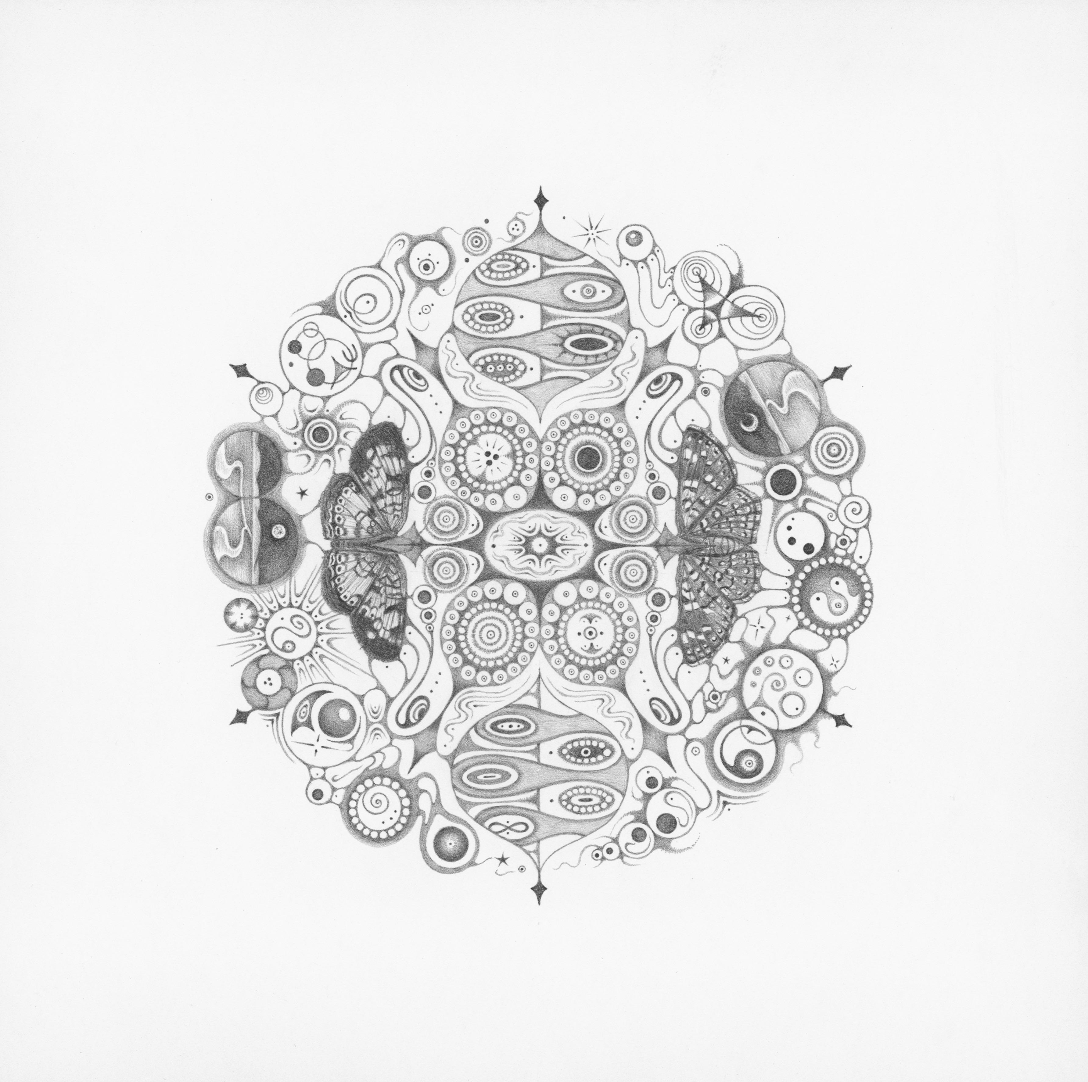 Michiyo Ihara Abstract Drawing - Snowflakes 146 Joy, Mandala Pencil Drawing with Butterflies, Landscapes, Pattern