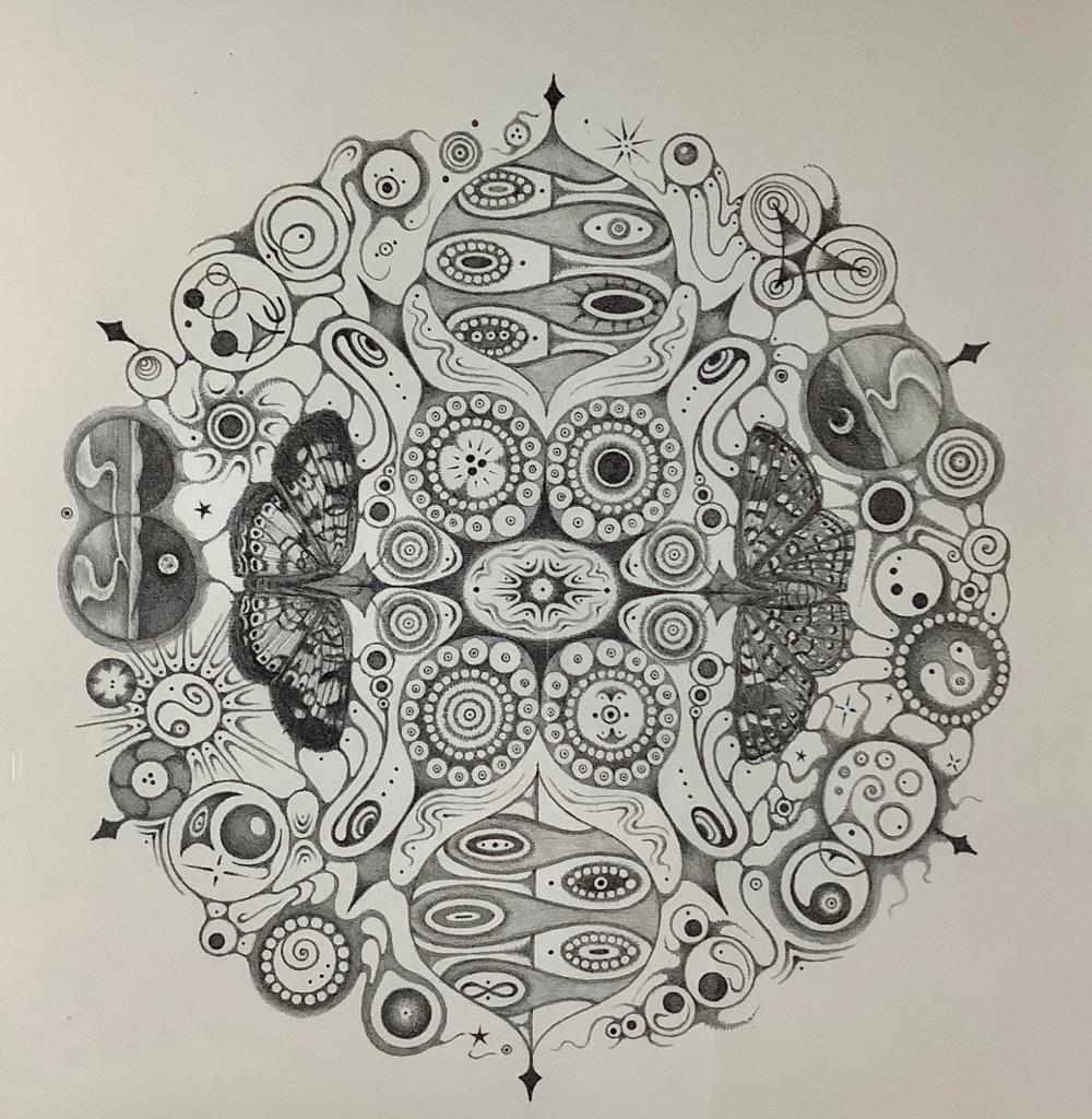 Schneeflocken 146 Joy, Mandala-Bleistiftzeichnung mit Schmetterlingen, Landschaften, Muster (Grau), Abstract Drawing, von Michiyo Ihara