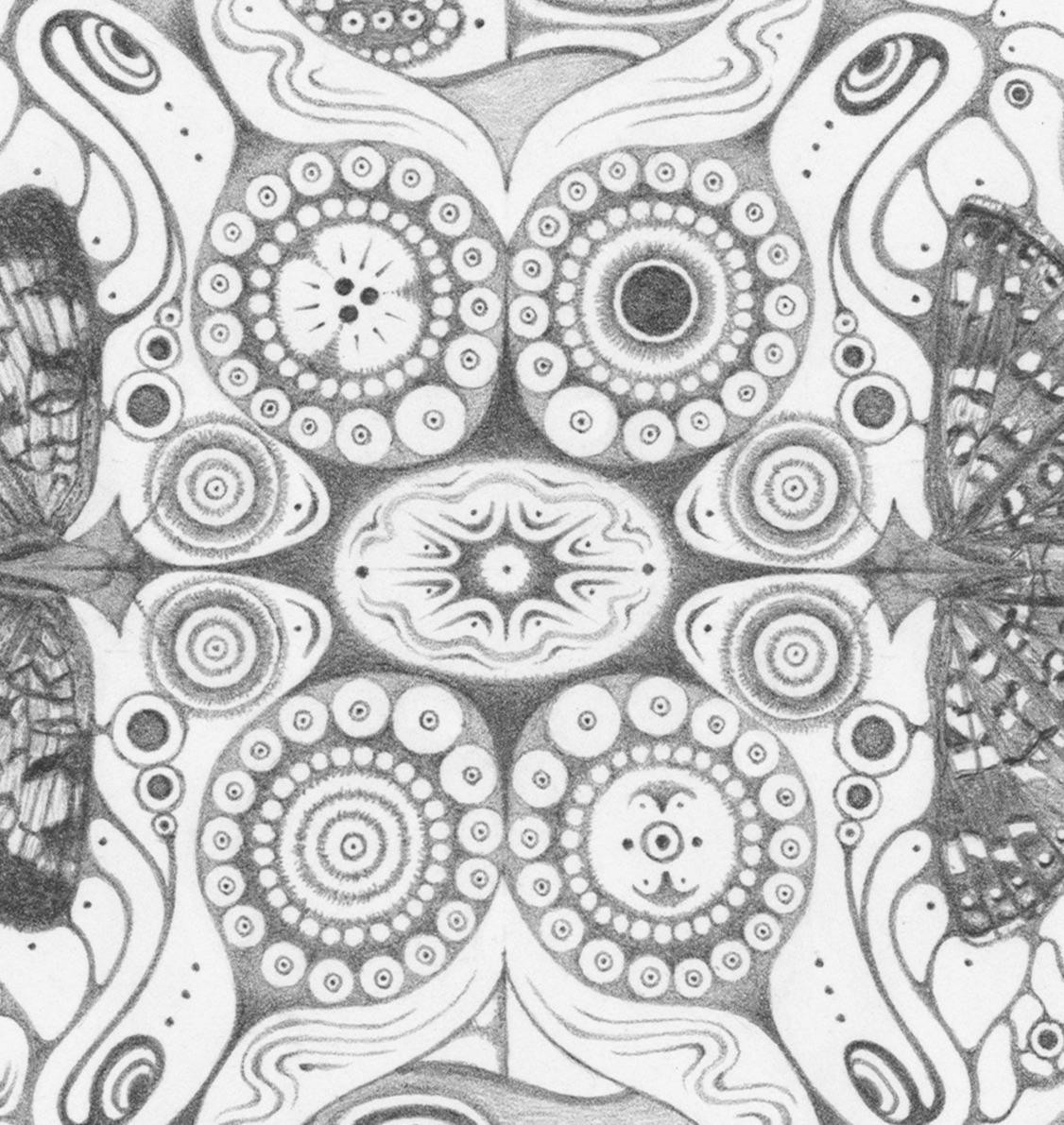 Snowflakes 146 Joy, Mandala Pencil Drawing with Butterflies, Landscapes, Pattern - Contemporary Art by Michiyo Ihara