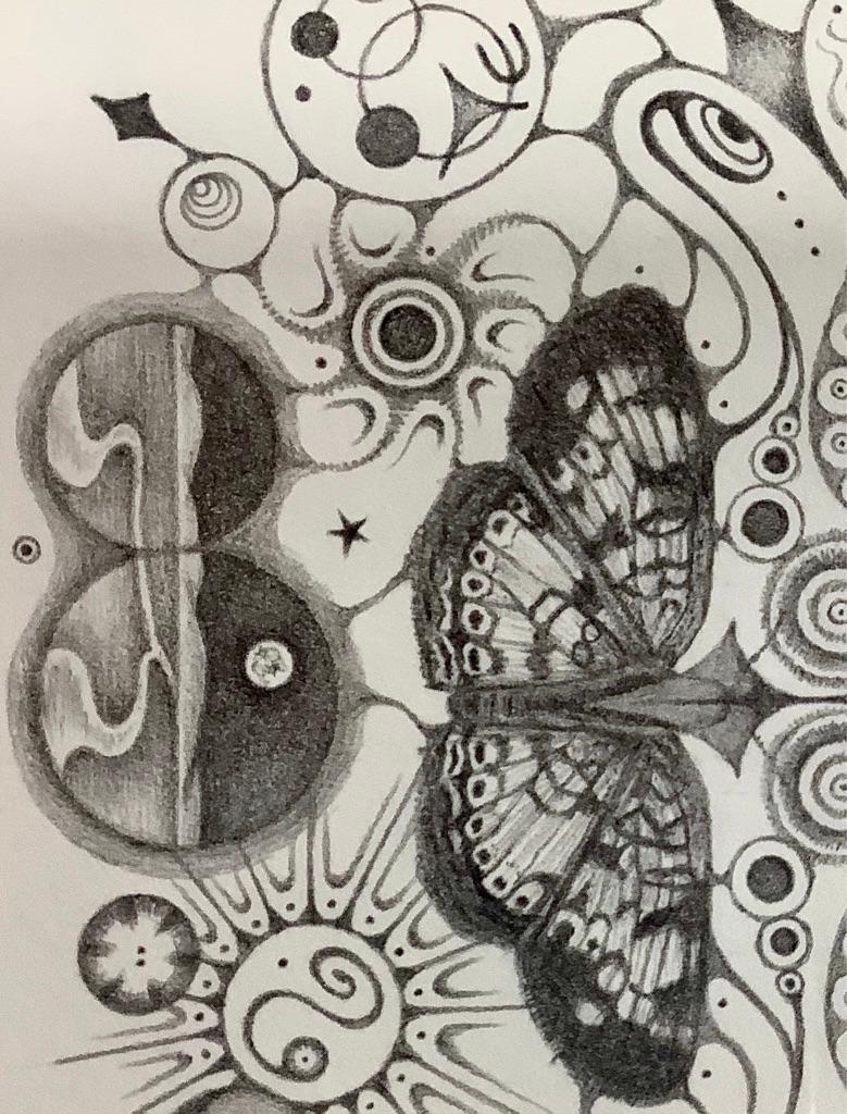 Snowflakes 146 Joy, Mandala Pencil Drawing with Butterflies, Landscapes, Pattern - Gray Abstract Drawing by Michiyo Ihara