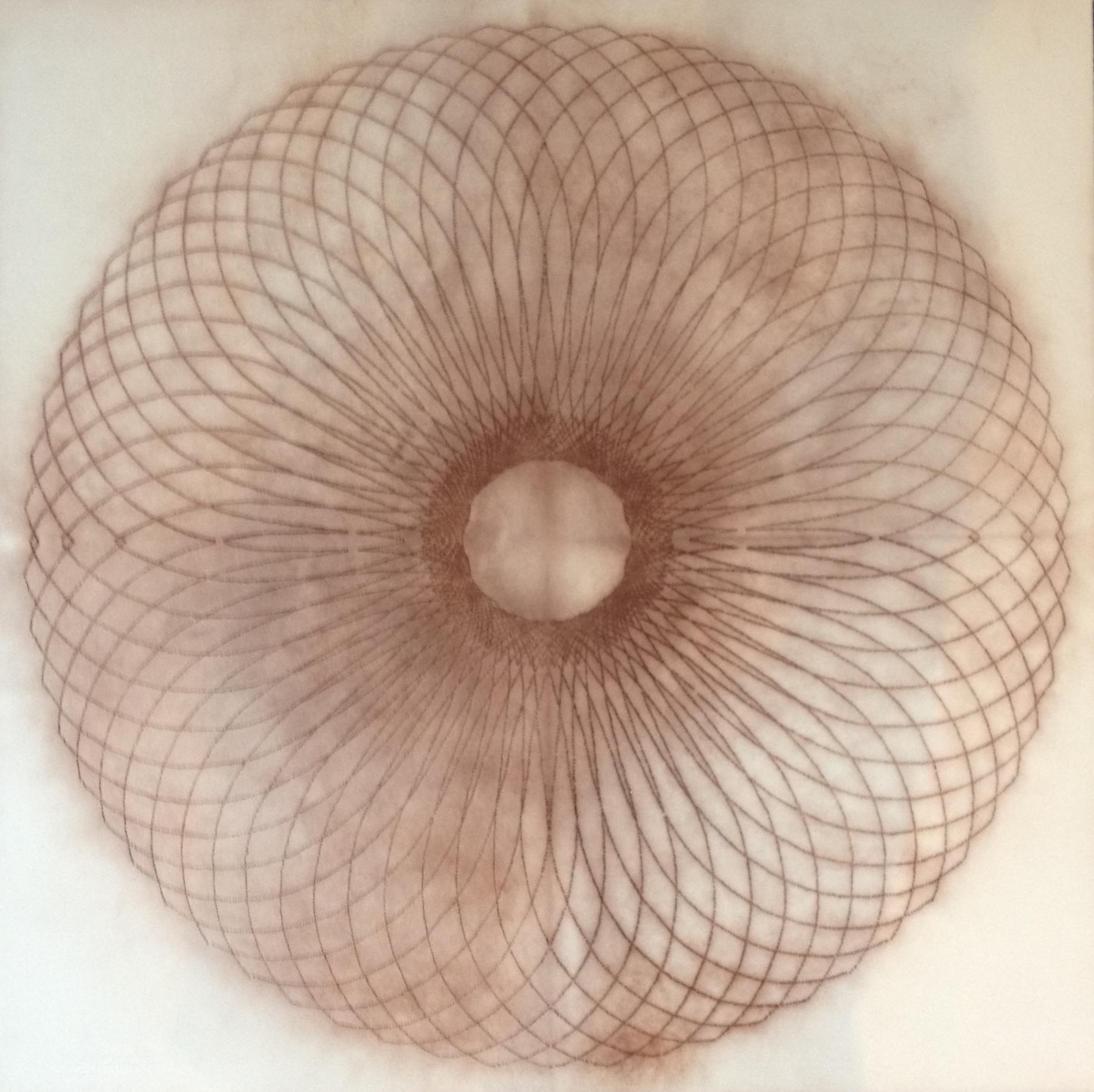 Mary Judge Abstract Drawing - Exotic Hex Series 12 01, Square Reddish Brown Circular Mandala Line Drawing