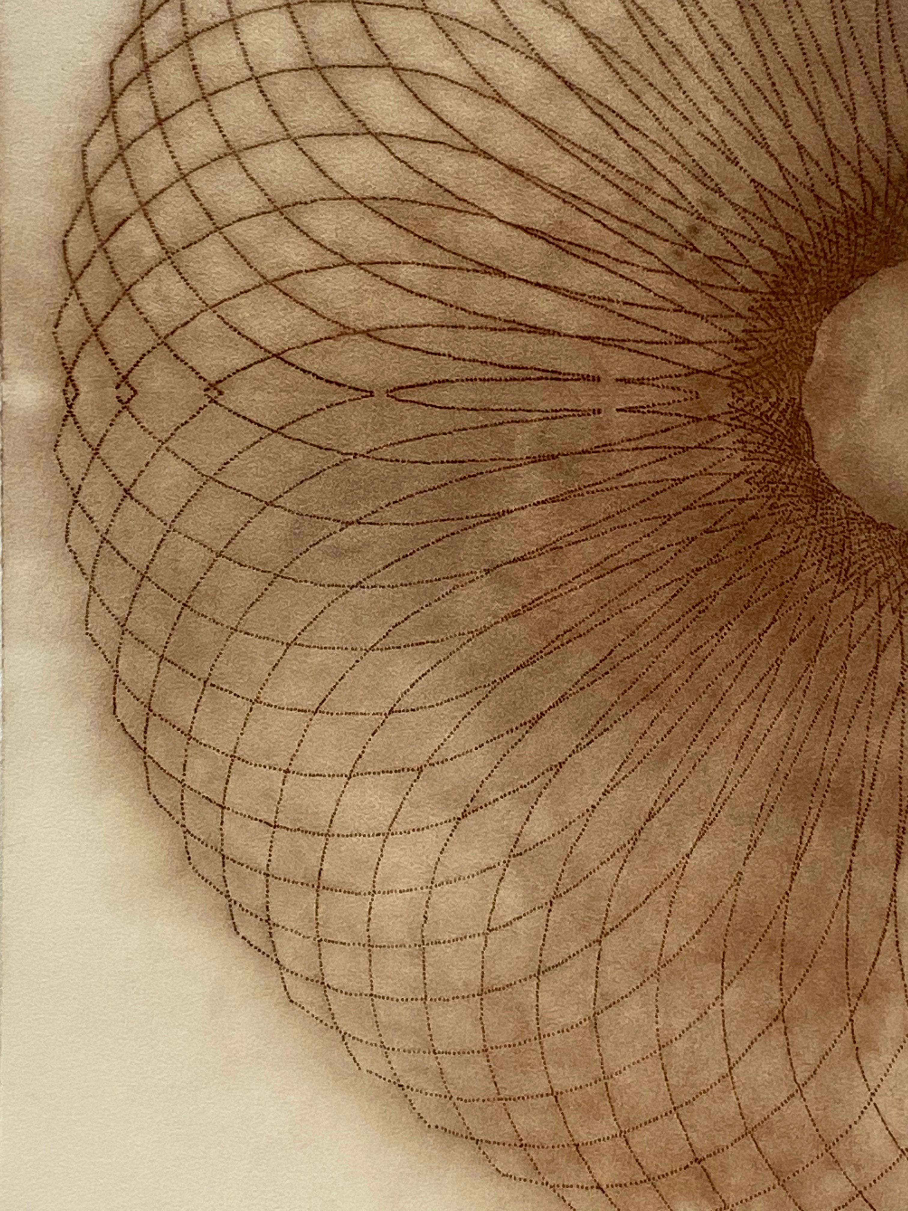Exotic Hex Series 12 01, Square Reddish Brown Circular Mandala Line Drawing - Beige Abstract Drawing by Mary Judge