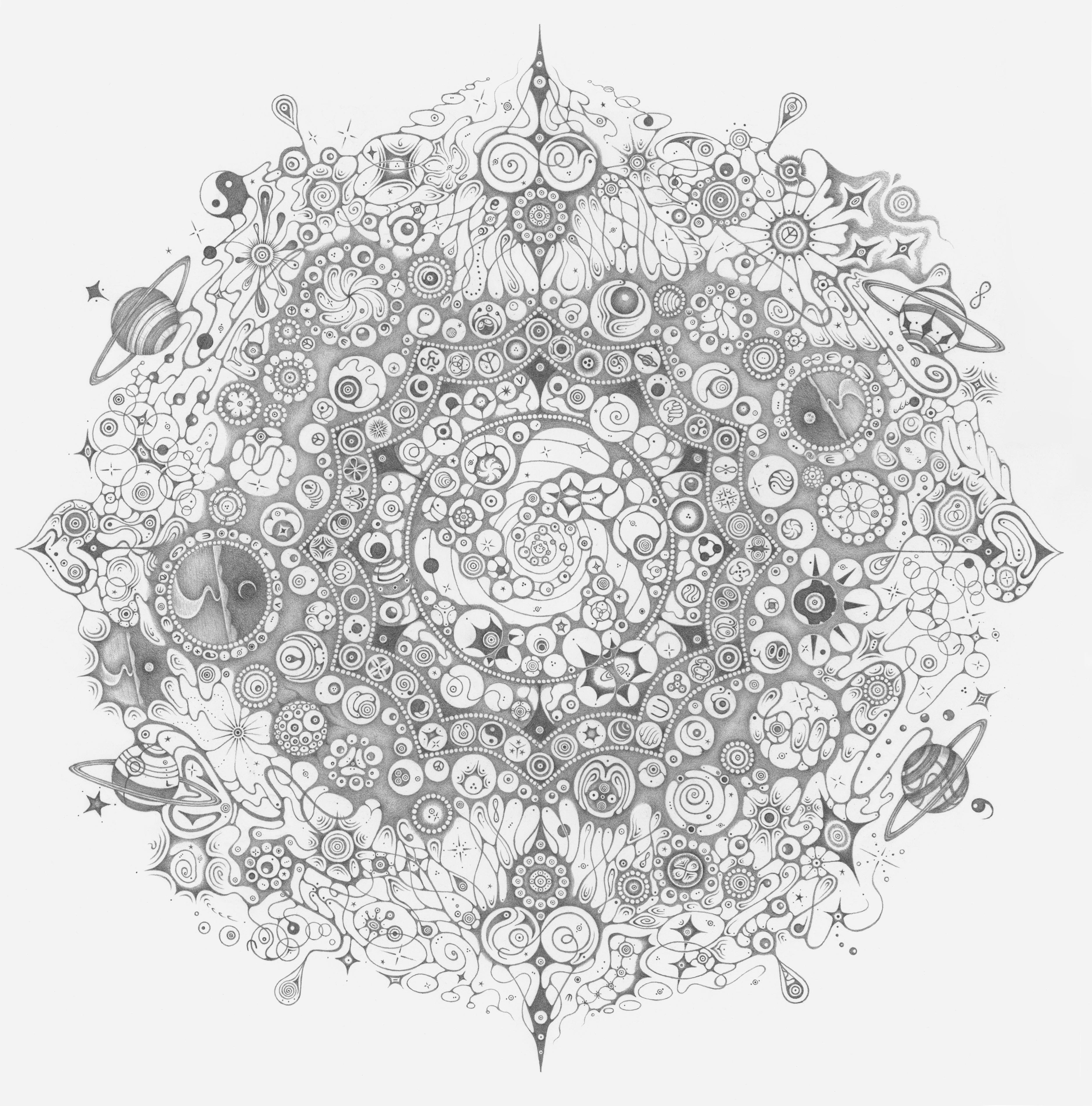 Michiyo Ihara Abstract Drawing – Schneeflocken 150 Planeten, spirituelles Thema, Mandala-Bleistiftzeichnung