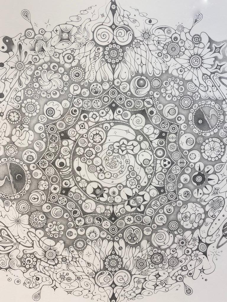 Snowflakes 150 Be, Planets, Spiritual Theme, Nature Mandala Pencil Drawing - Gray Abstract Drawing by Michiyo Ihara