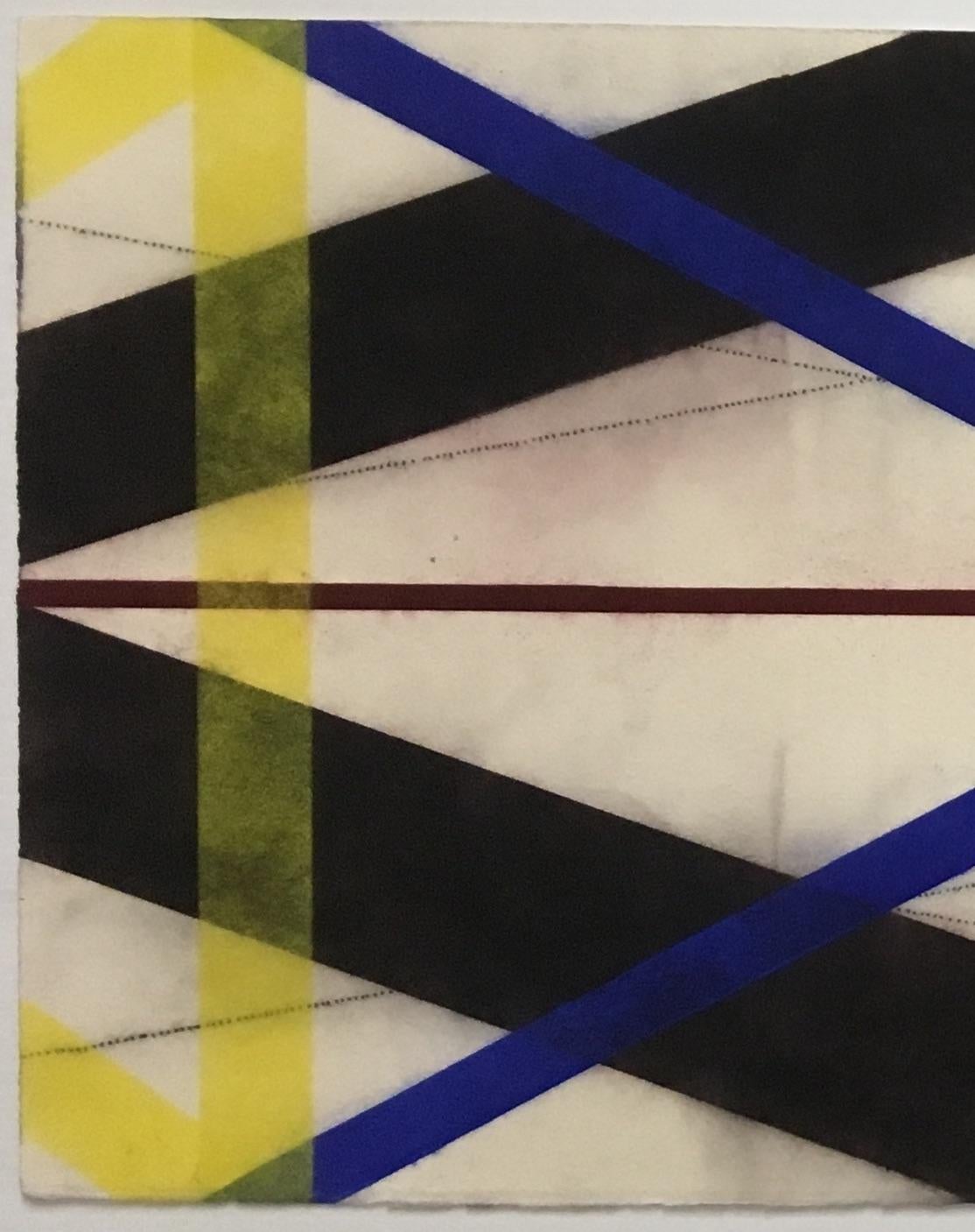 Color Structure Series Dark Steel, Geometric Drawing in Black, Red, Blue, Yellow - Art by Mary Judge