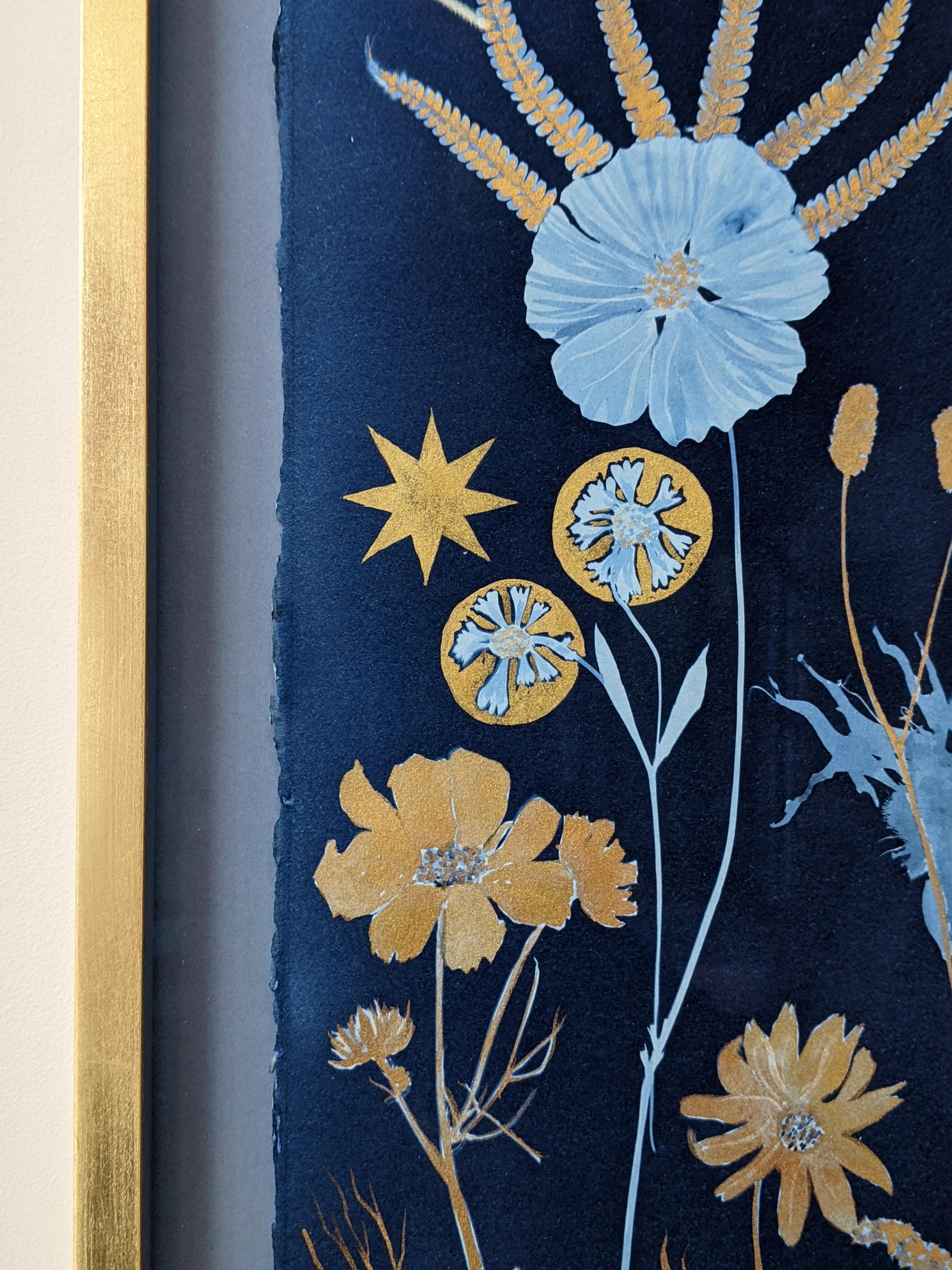 Meticulously detailed flowers, including cosmos and Rose of Sharon are depicted in shades of pale blue with luminous gold details against a deep, indigo blue background with stars and a geometric tile floor pattern on the lower part of the