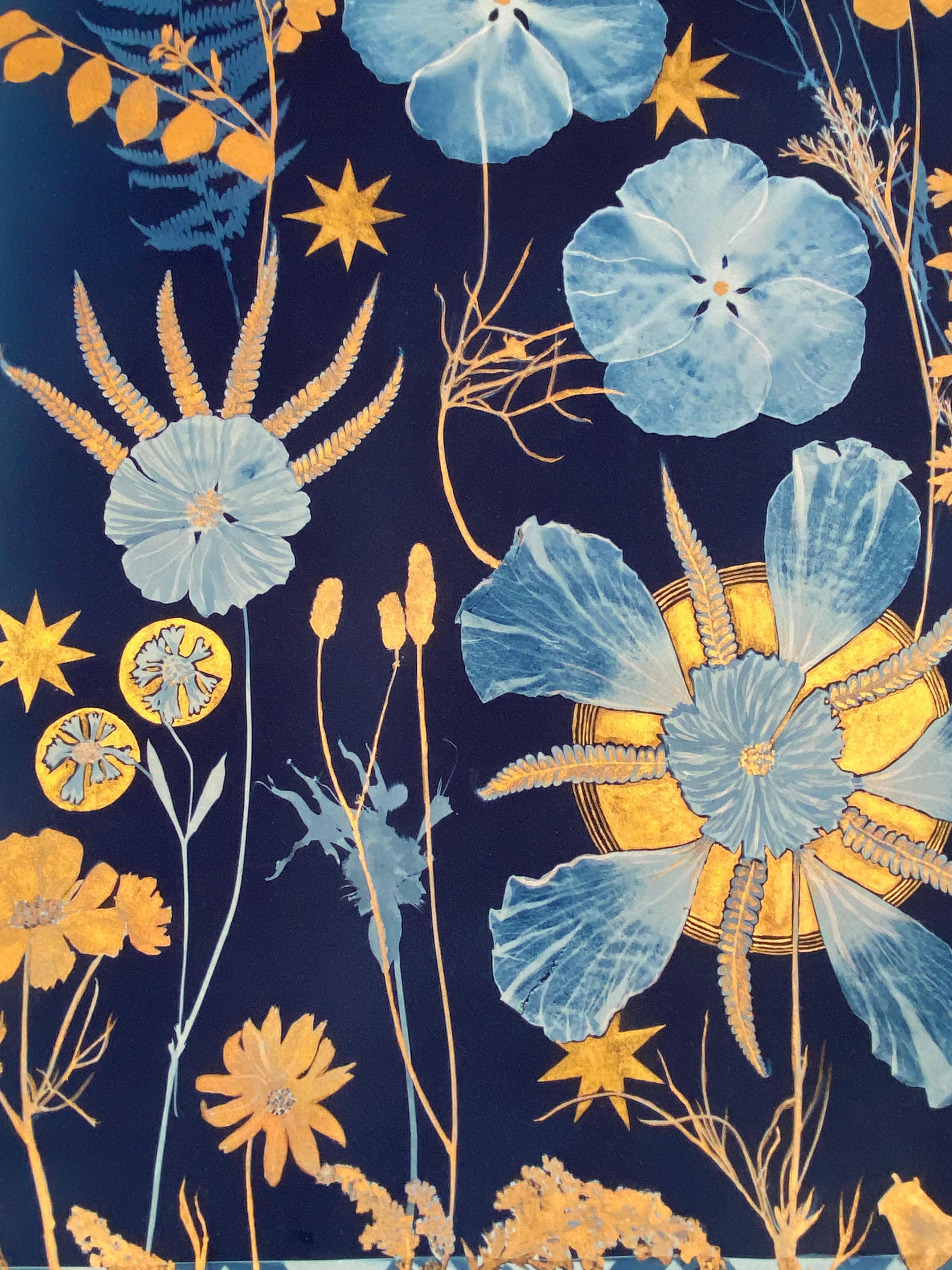 Cyanotype Painting Cosmos, Rose of Sharon, Stars, Gold, Blue Botanical Painting For Sale 5