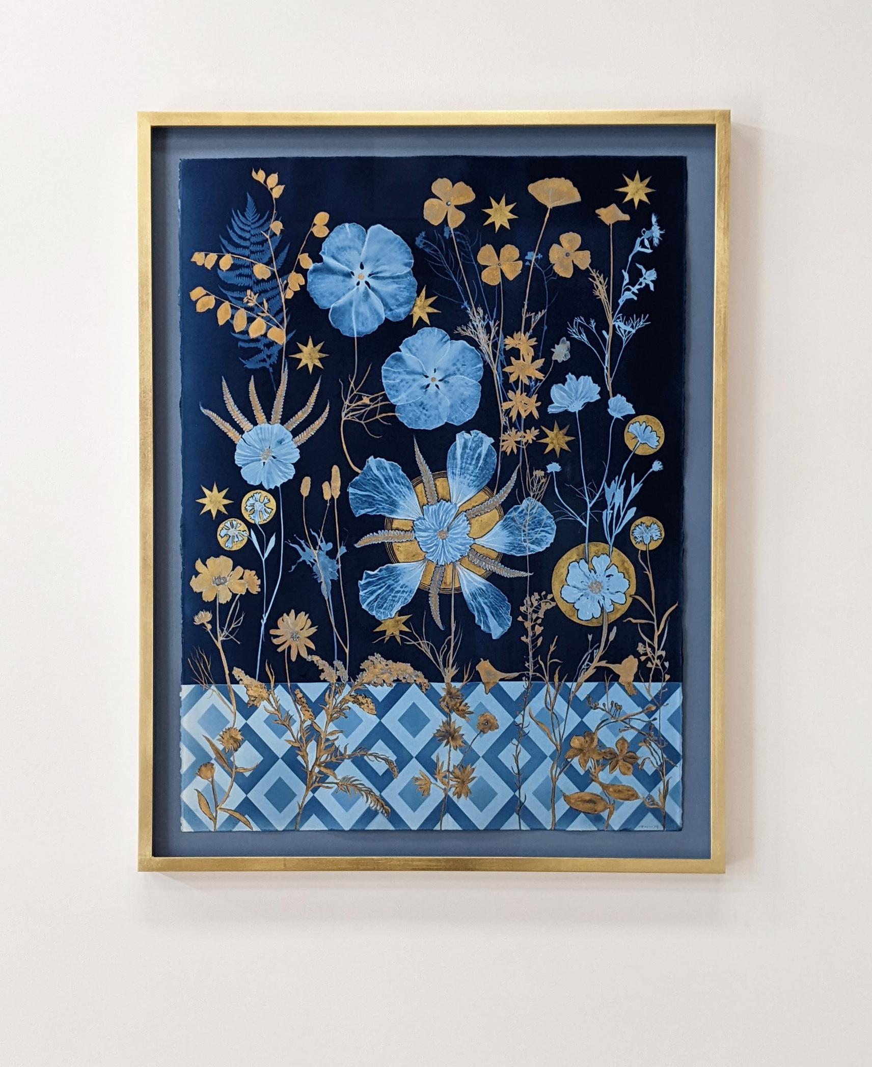 Cyanotype Painting Cosmos, Rose of Sharon, Stars, Gold, Blue Botanical Painting For Sale 15