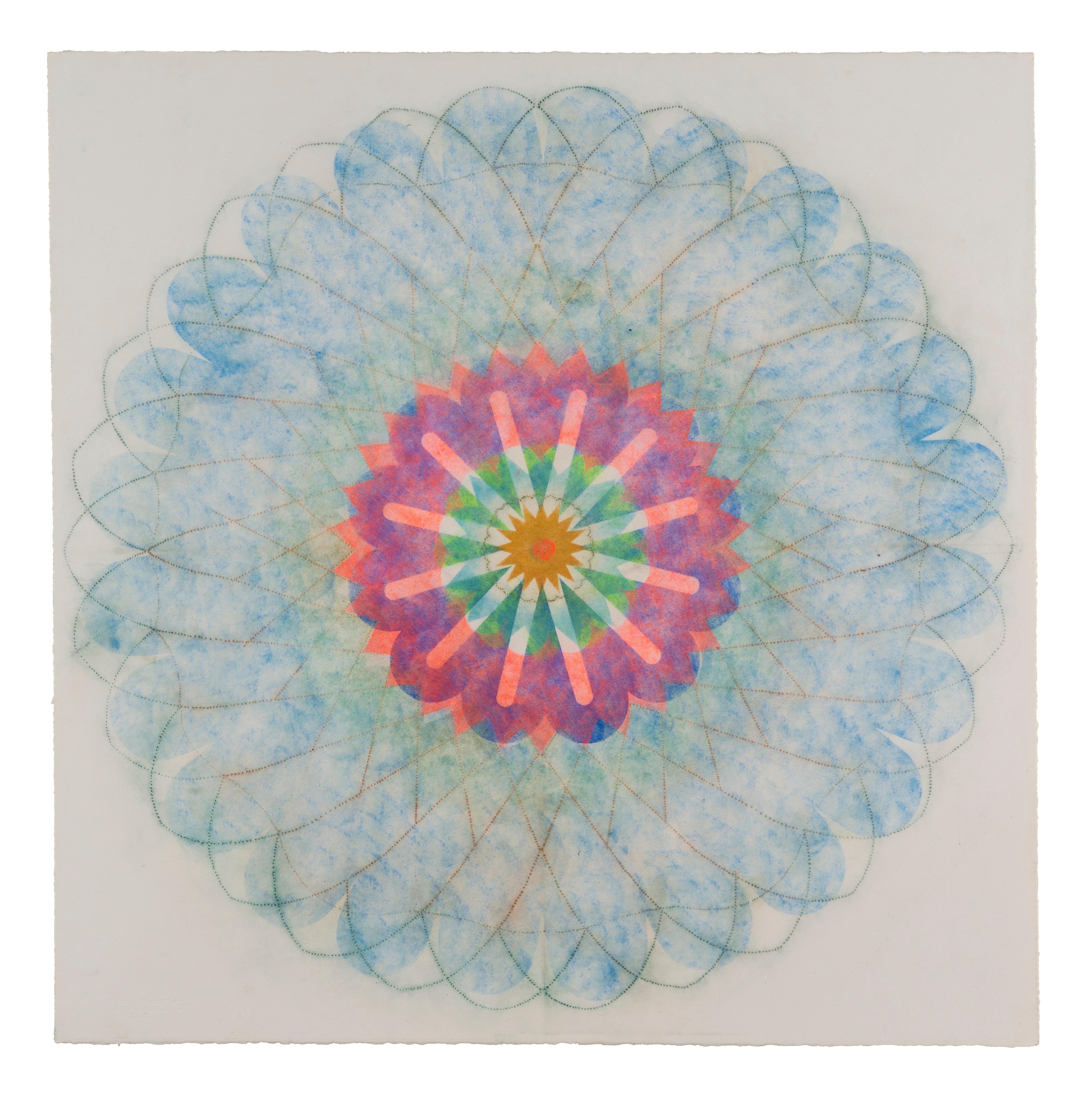 Mary Judge Abstract Drawing - Primavera Pop Zero Three, Geometric Flower Mandala, Blue, Bright Pink, Yellow