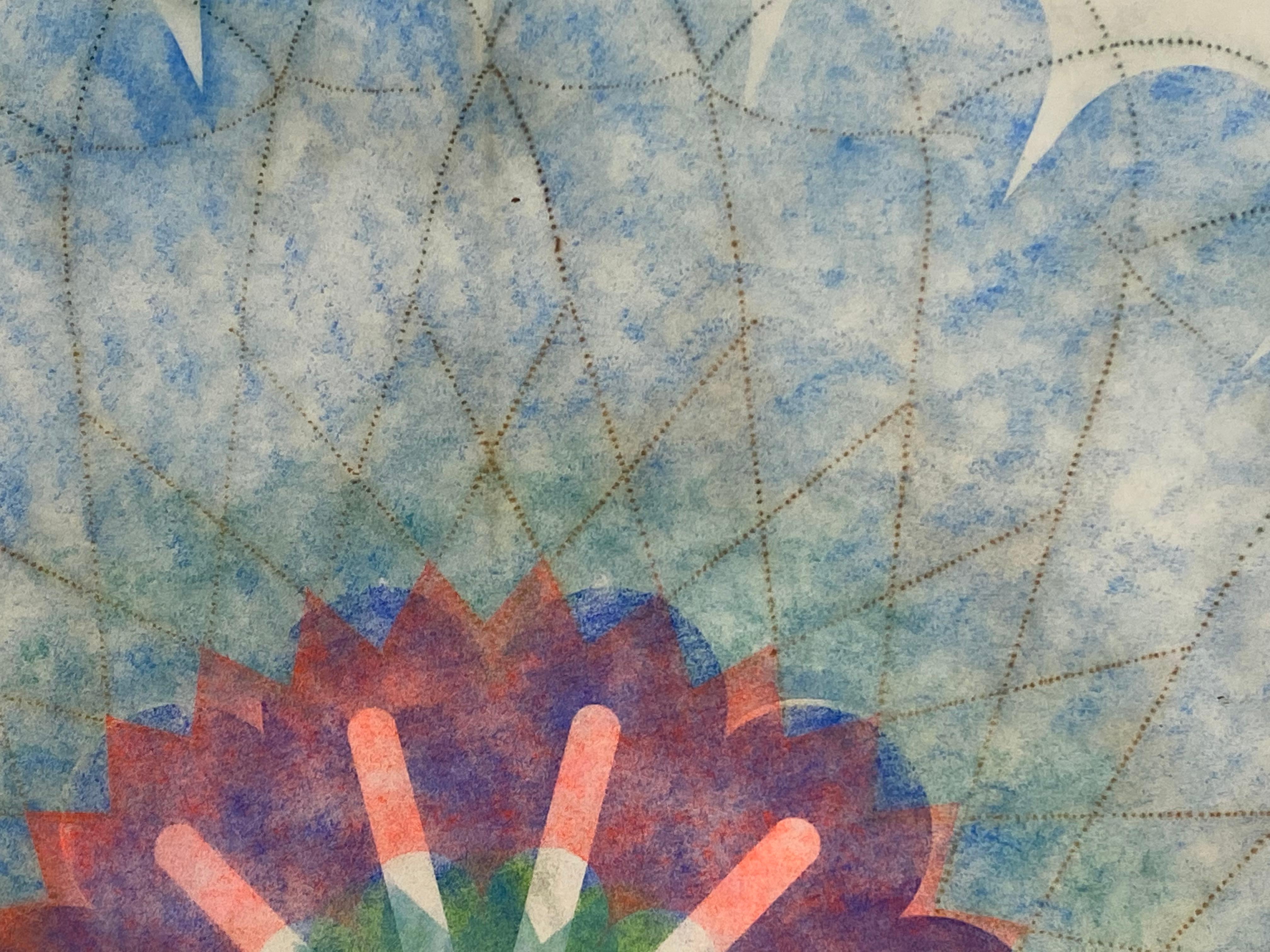Primavera Pop Zero Three, Geometric Flower Mandala, Blue, Bright Pink, Yellow - Contemporary Art by Mary Judge