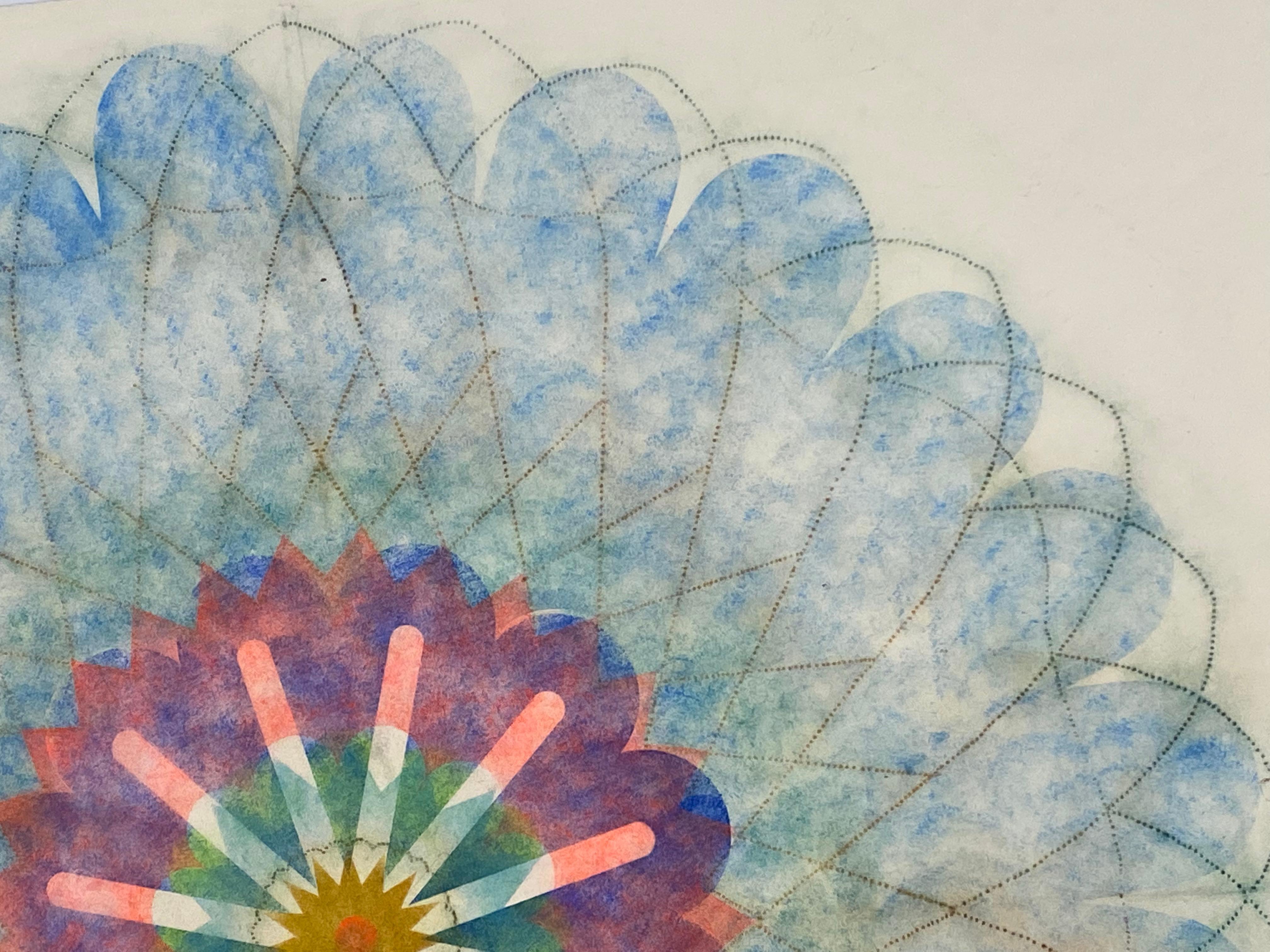 Primavera Pop Zero Three, Geometric Flower Mandala, Blue, Bright Pink, Yellow - Gray Abstract Drawing by Mary Judge