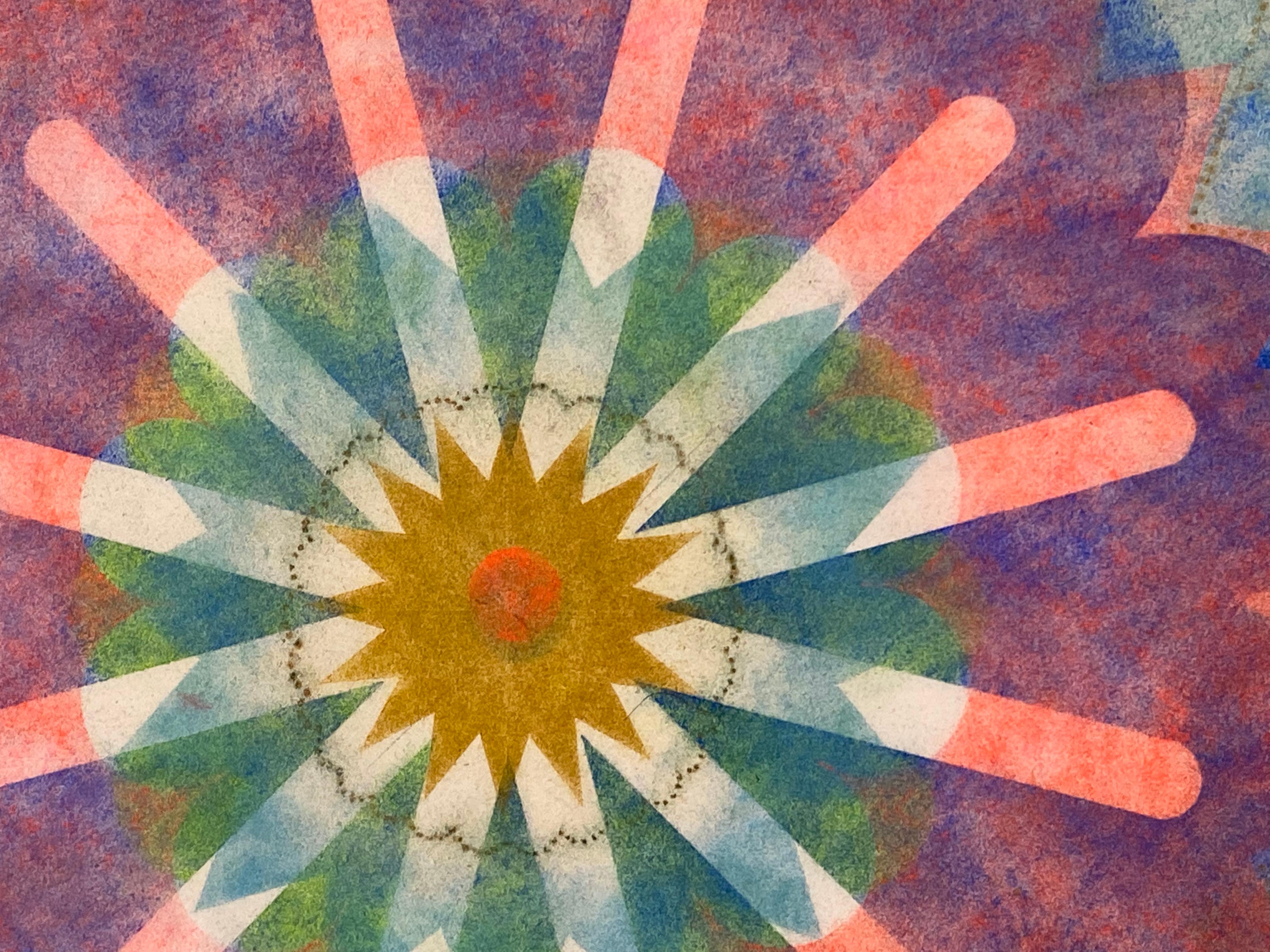 This multicolored drawing has a beautiful, soft mottled texture created with Judge's unique powered pigment technique. Primavera Pop 03 is a predominately light blue geometric flower mandala shape with bright pink, yellow and orange at the center