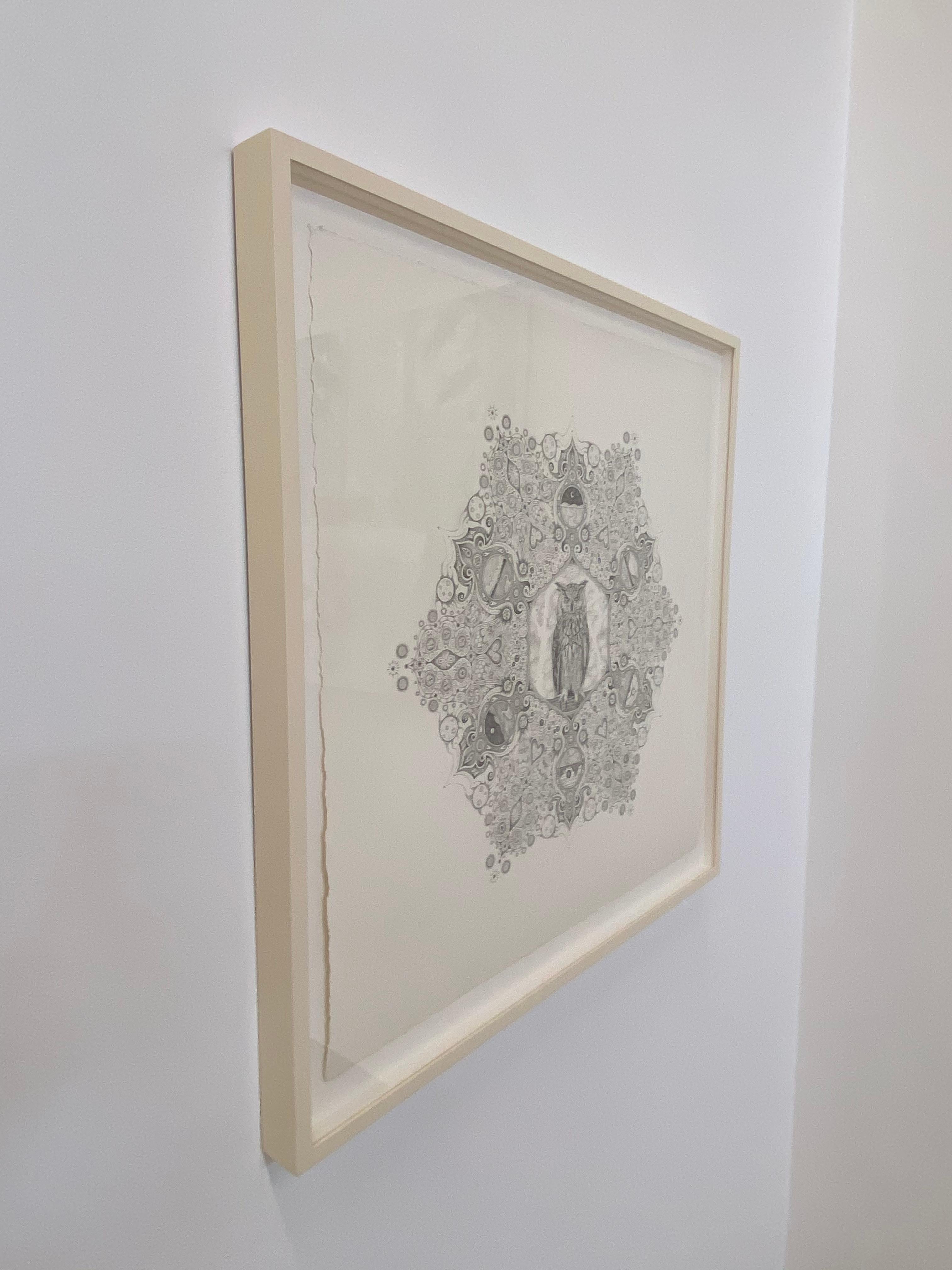 Snowflakes 84 Forester, Mandala Pencil Drawing, Owl, Cosmic Imagery, Landscapes - Gray Abstract Drawing by Michiyo Ihara