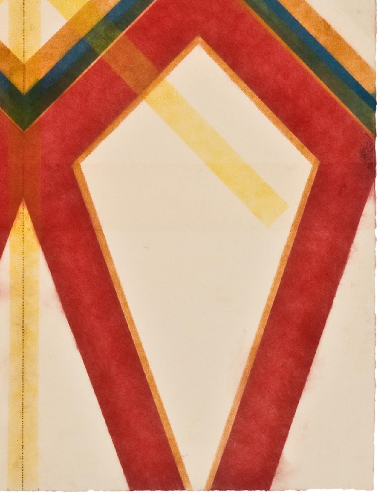 This geometric drawing has a beautiful, soft mottled texture created with Judge's unique powered pigment technique. The ordered symmetry of the layered diagonal lines in deeply pigmented bright red, light yellow, orange, dark blue and green is