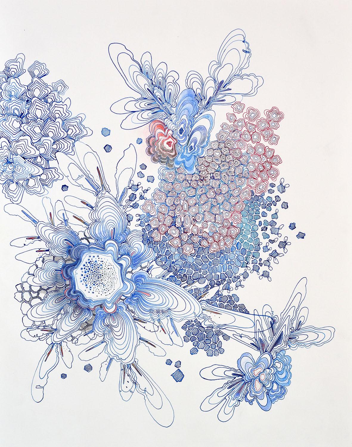 Sarah Morejohn Abstract Drawing - Cluster, Indigo Blue, Pink, Peach Orange, Dark Cobalt Detailed Pattern Drawing