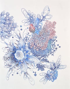 Cluster, Indigo Blue, Pink, Peach Orange, Dark Cobalt Detailed Pattern Drawing