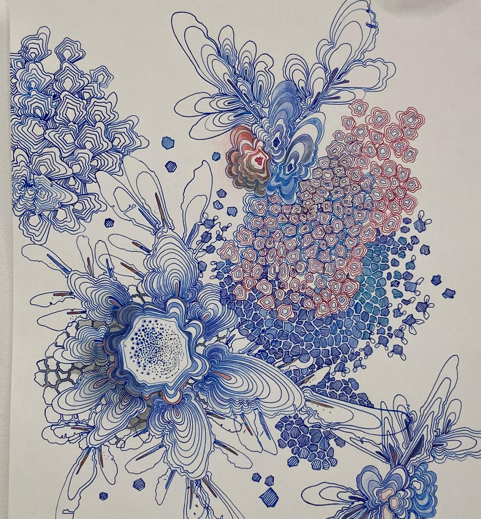 Cluster, Indigo Blue, Pink, Peach Orange, Dark Cobalt Detailed Pattern Drawing - Art by Sarah Morejohn