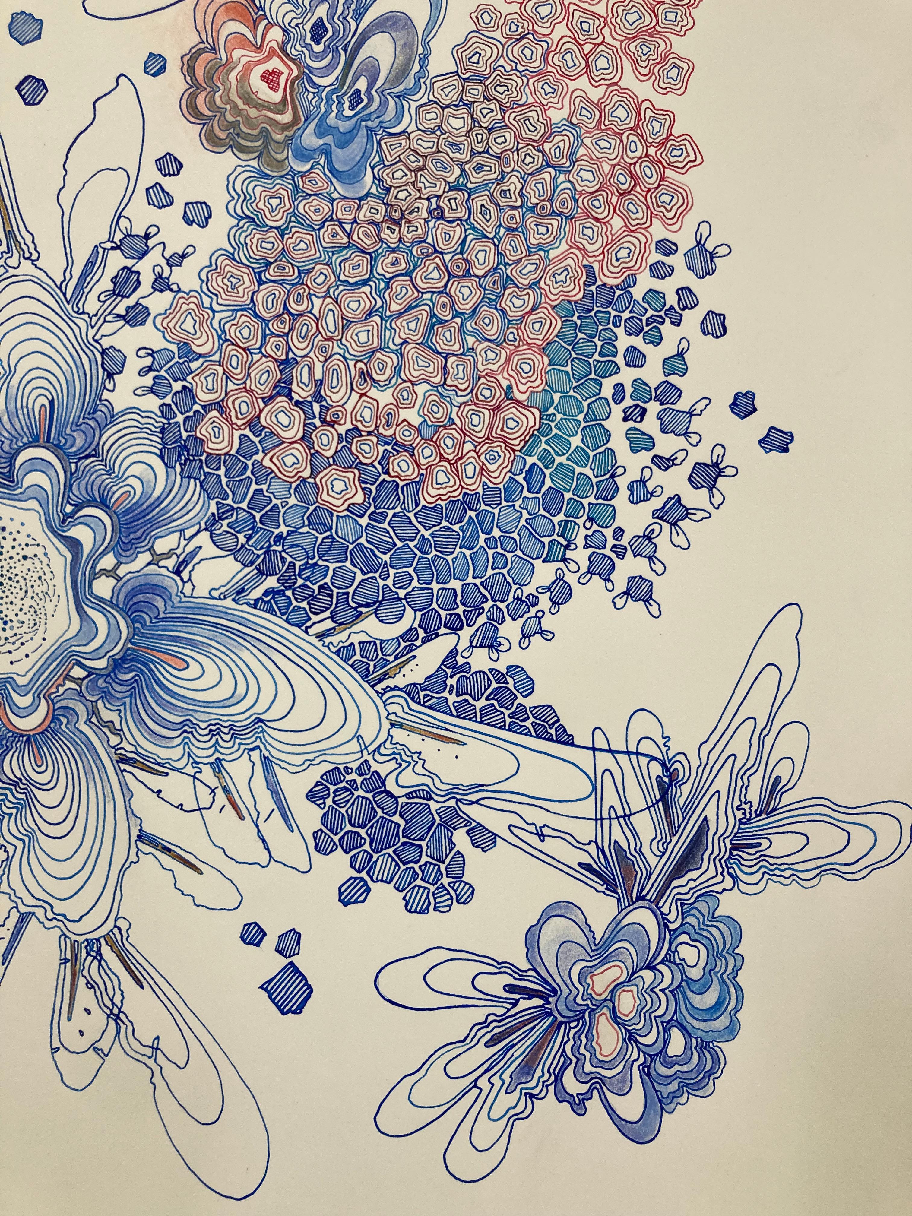 Cluster, Indigo Blue, Pink, Peach Orange, Dark Cobalt Detailed Pattern Drawing - Contemporary Art by Sarah Morejohn