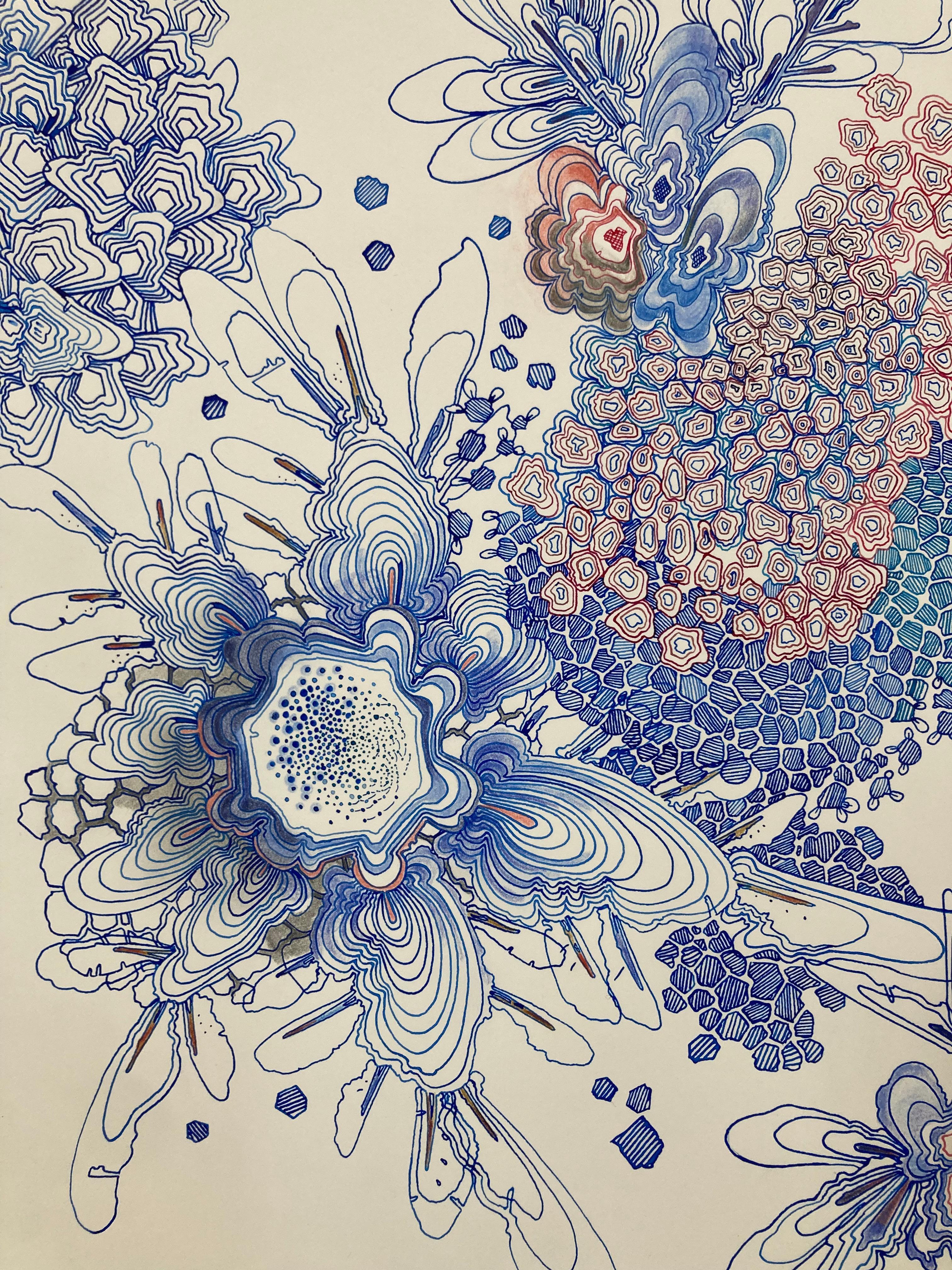 Cluster, Indigo Blue, Pink, Peach Orange, Dark Cobalt Detailed Pattern Drawing - Gray Abstract Drawing by Sarah Morejohn