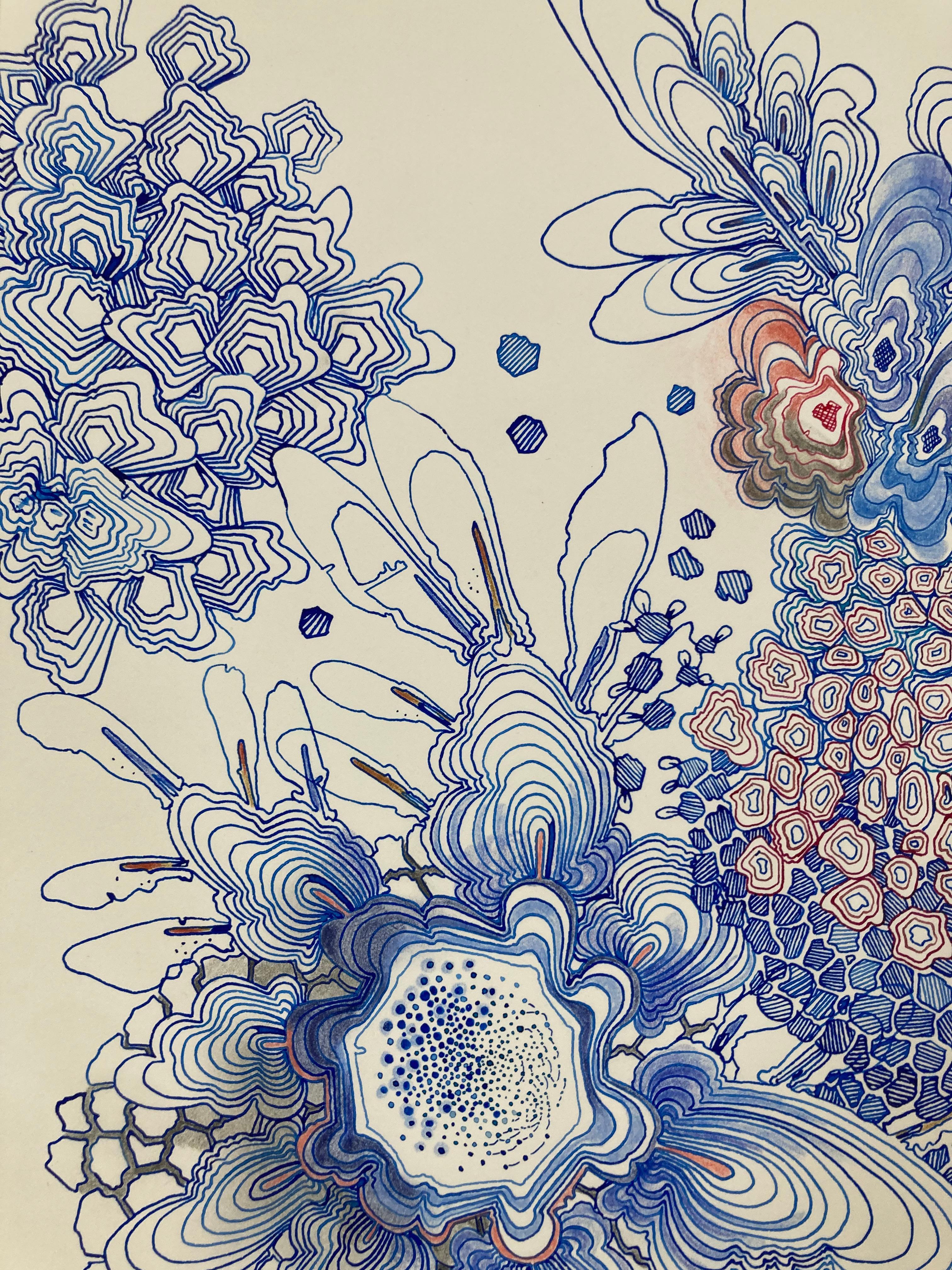 In carefully drawn dots and lines in soft shades of indigo blue with pink and dark cobalt details, this intricate composition is inspired by patterns in nature. This drawing in ink, graphite and colored pencil on paper is full and meticulously