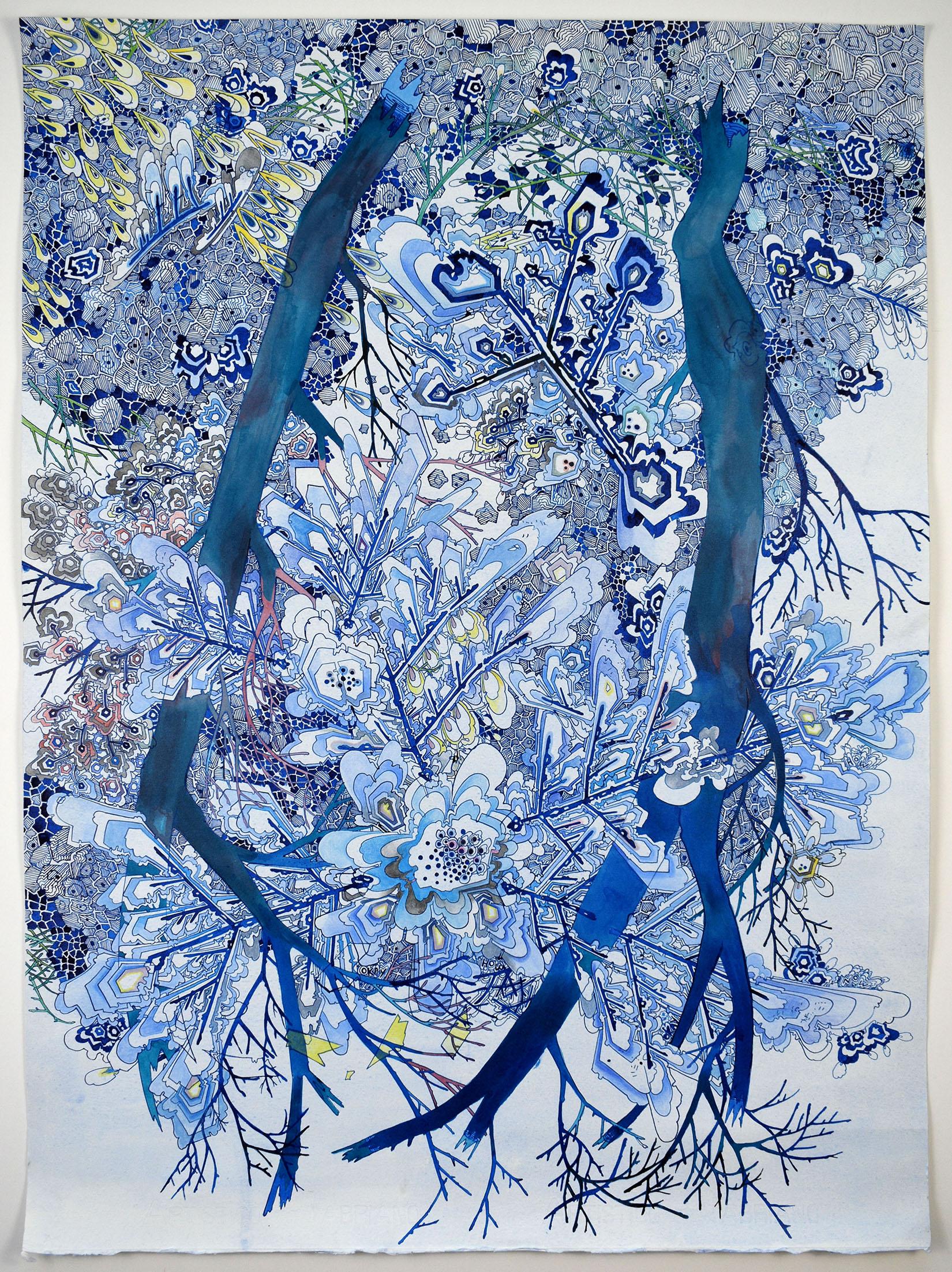 Sarah Morejohn Abstract Drawing - Landing, Cobalt Blue, Burgundy, Yellow, Green, Pink, Gray Detailed Drawing, Tree