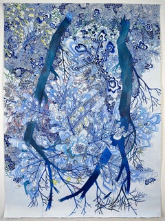 Paysage, bleu cobalt, bourgogne, jaune, vert, rose, gris, dessin détaillé d'arbre
