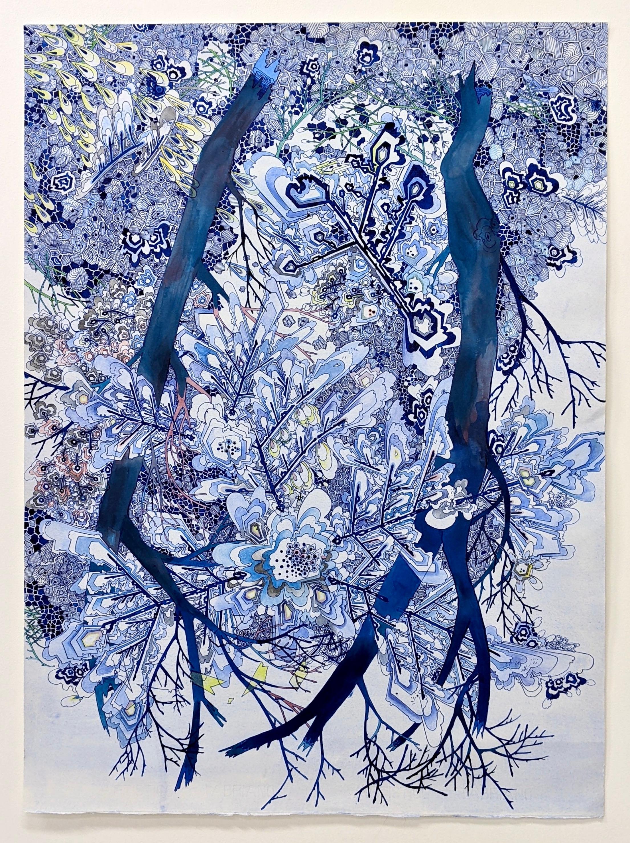 Landing, Cobalt Blue, Burgundy, Yellow, Green, Pink, Gray Detailed Drawing, Tree - Art by Sarah Morejohn